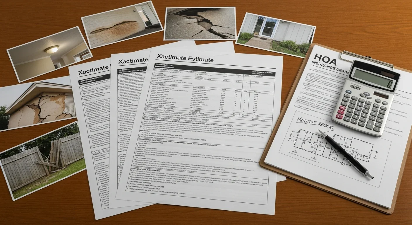 HOA insurance claim documentation packet with master policy and HO-6 segmented recovery worksheets