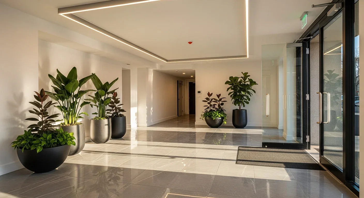Fully restored condo lobby with new tile, fresh paint, and modern fixtures after water damage repair