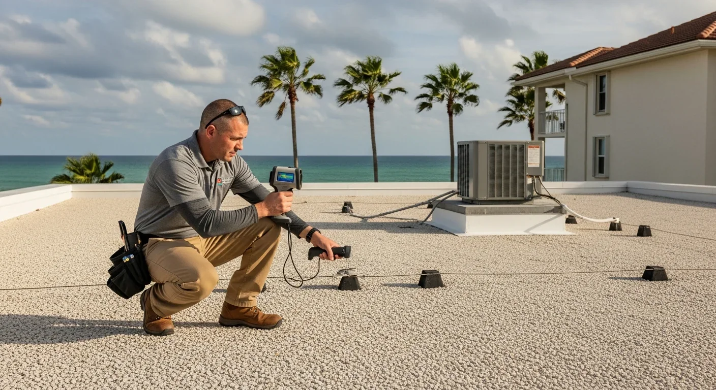 Restoration technician inspecting roof leak source above a Florida condo building with thermal imaging camera