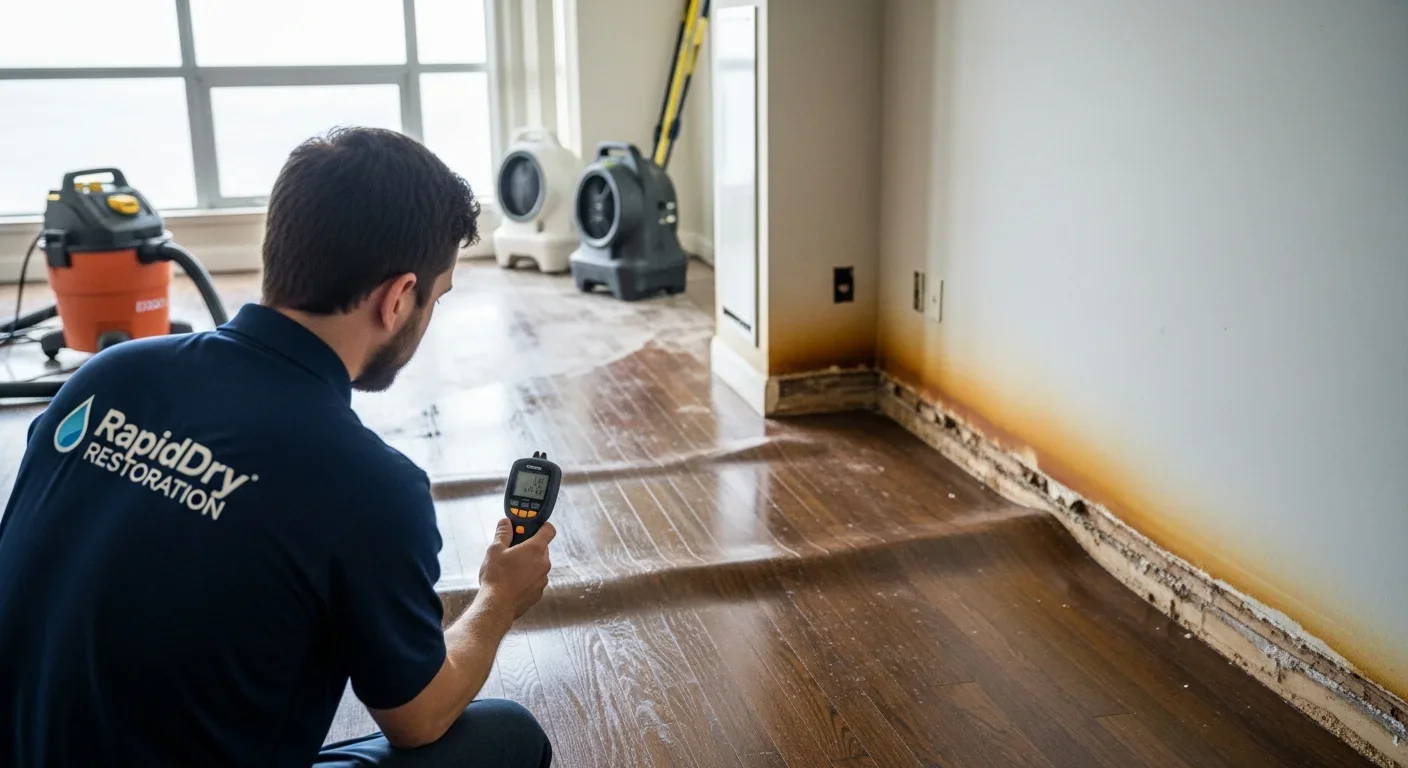 Condo unit interior with water-damaged flooring and walls being assessed by a restoration technician