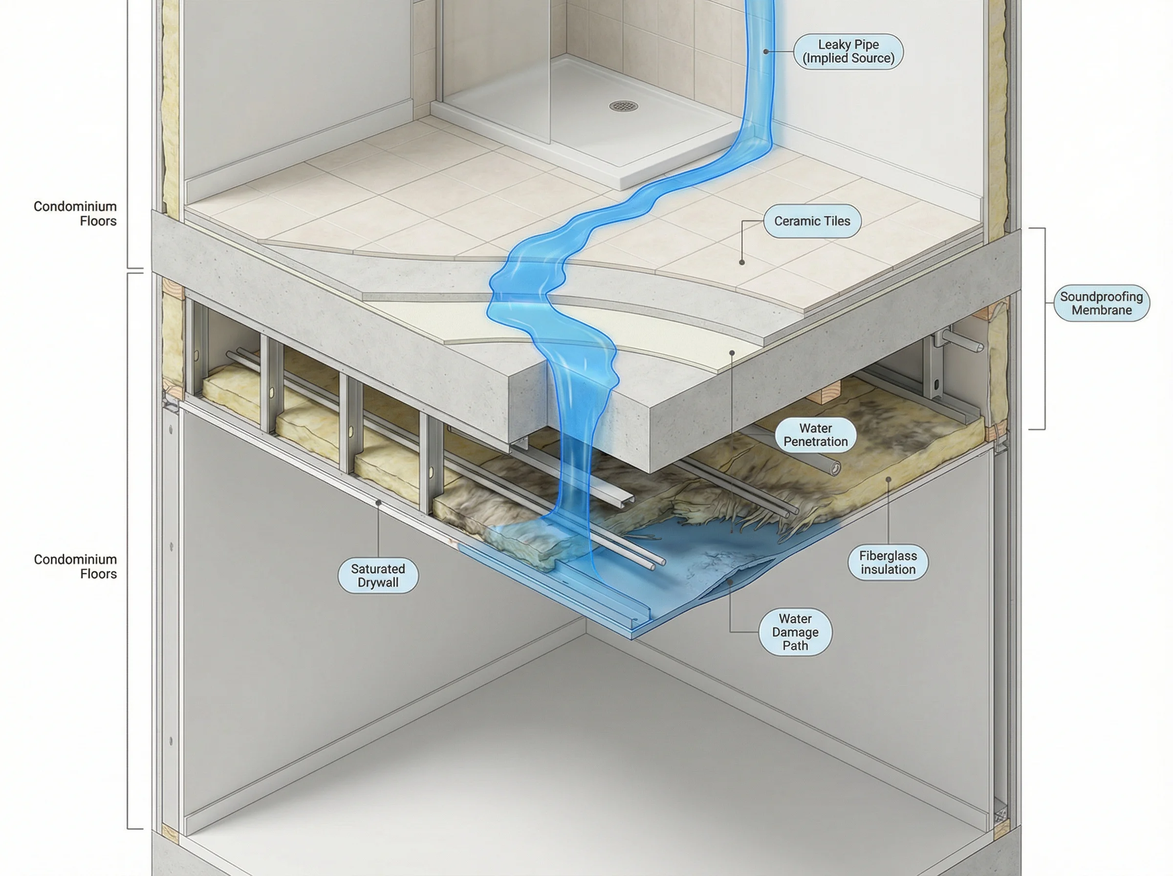 Water damage migration between condo floors
