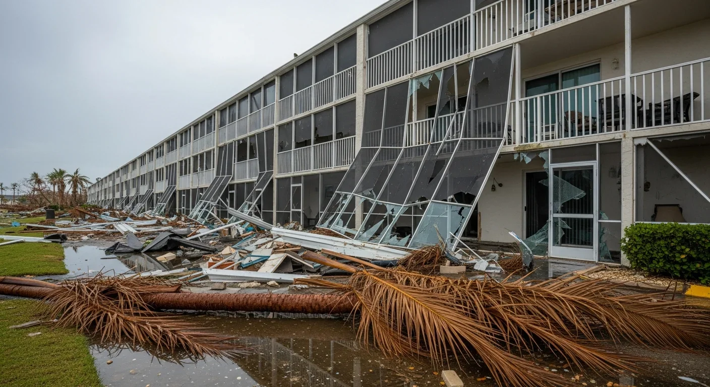 Florida condo building exterior showing hurricane damage with broken balcony screens and post-storm debris
