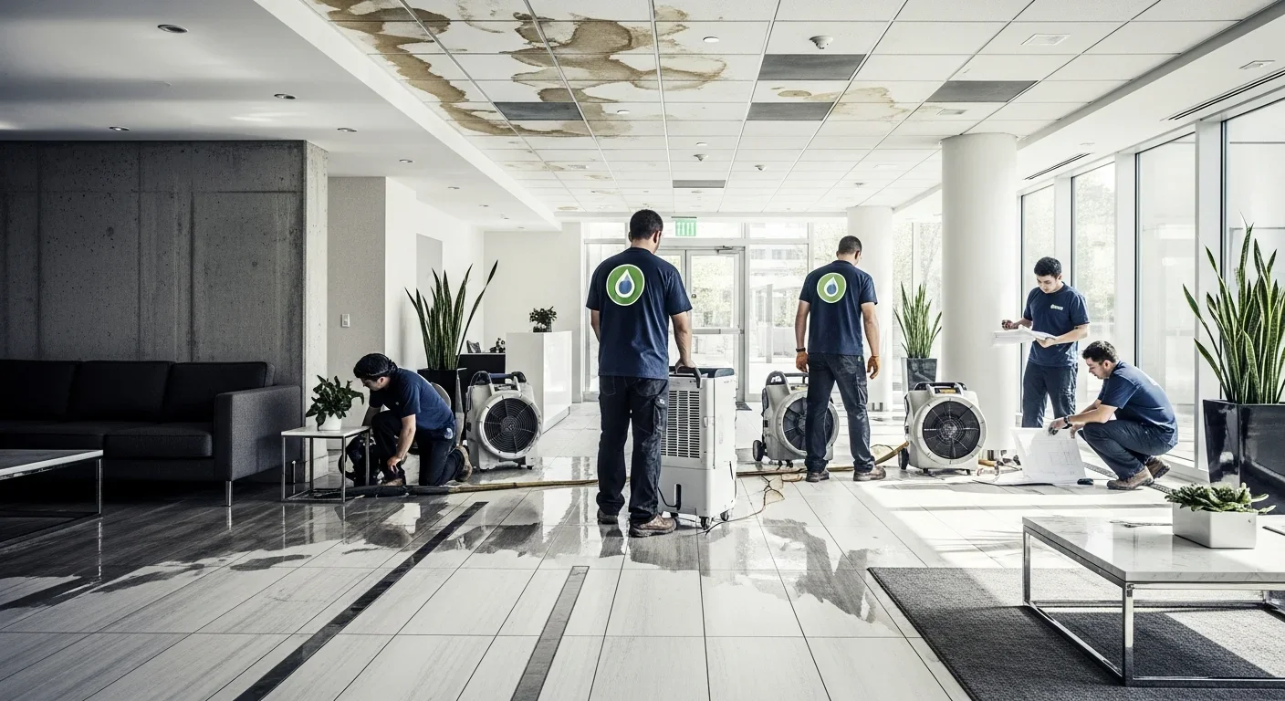 Water damage on tile floor and ceiling stains in a modern condo lobby with restoration crew placing drying equipment