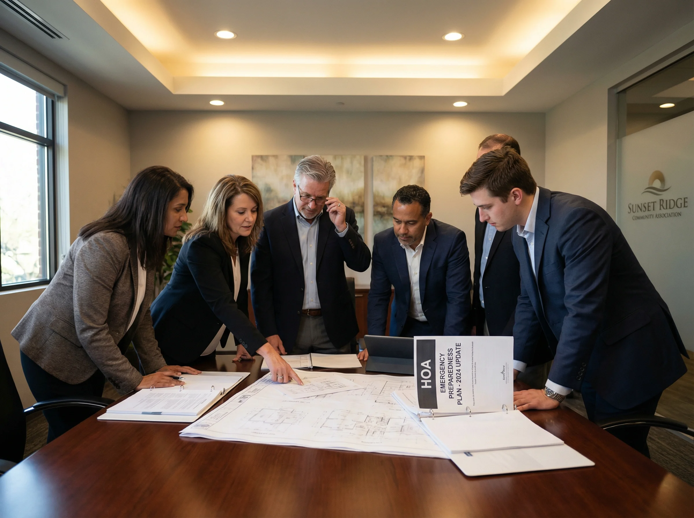 HOA board reviewing emergency preparedness plans
