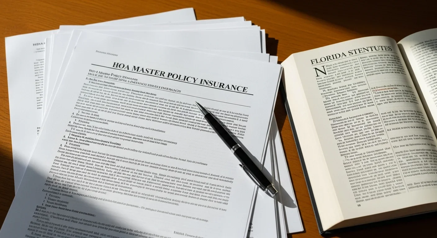 HOA master policy documents and Florida Chapter 718 statute book on a board meeting table