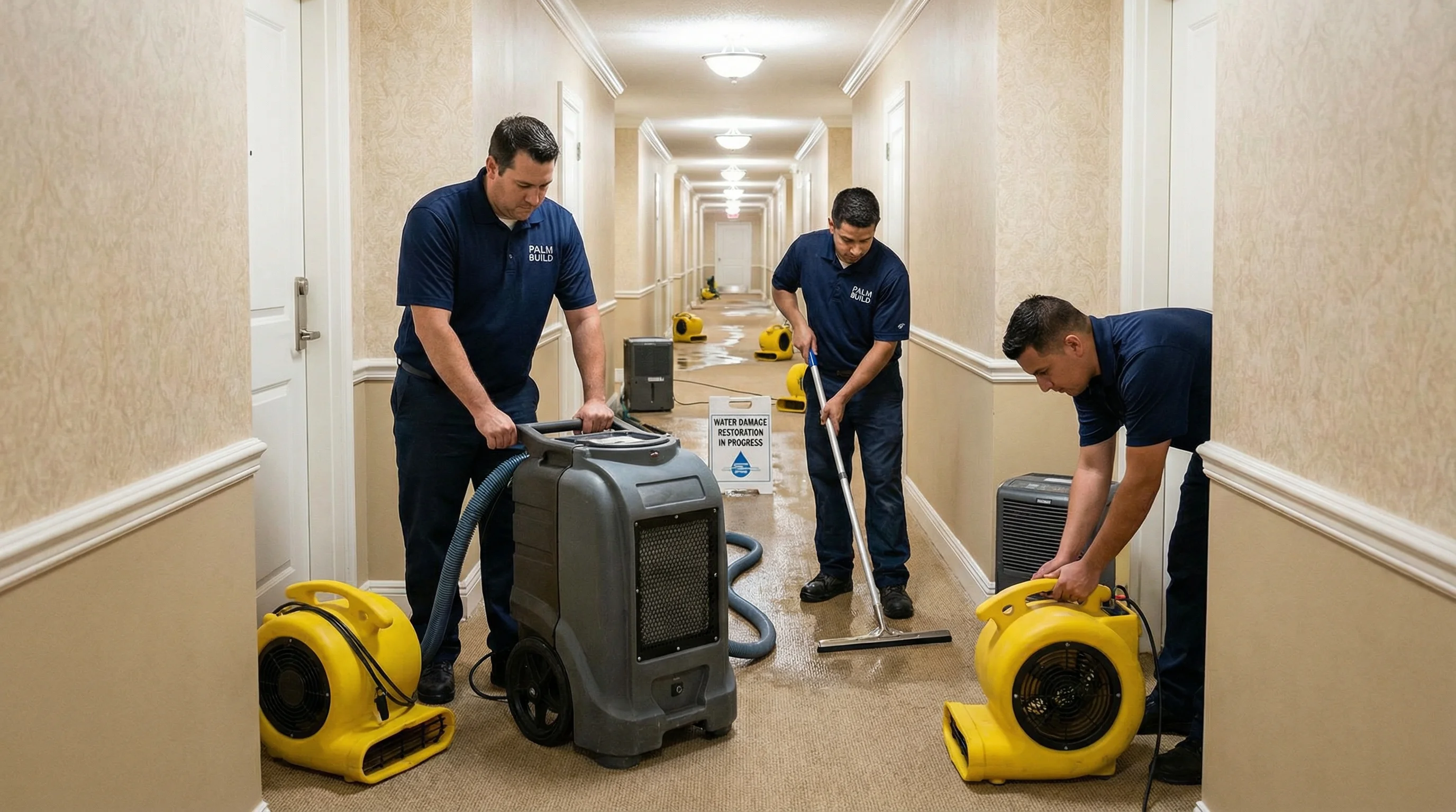 Palm Build restoration crew performing water extraction in HOA condominium hallway