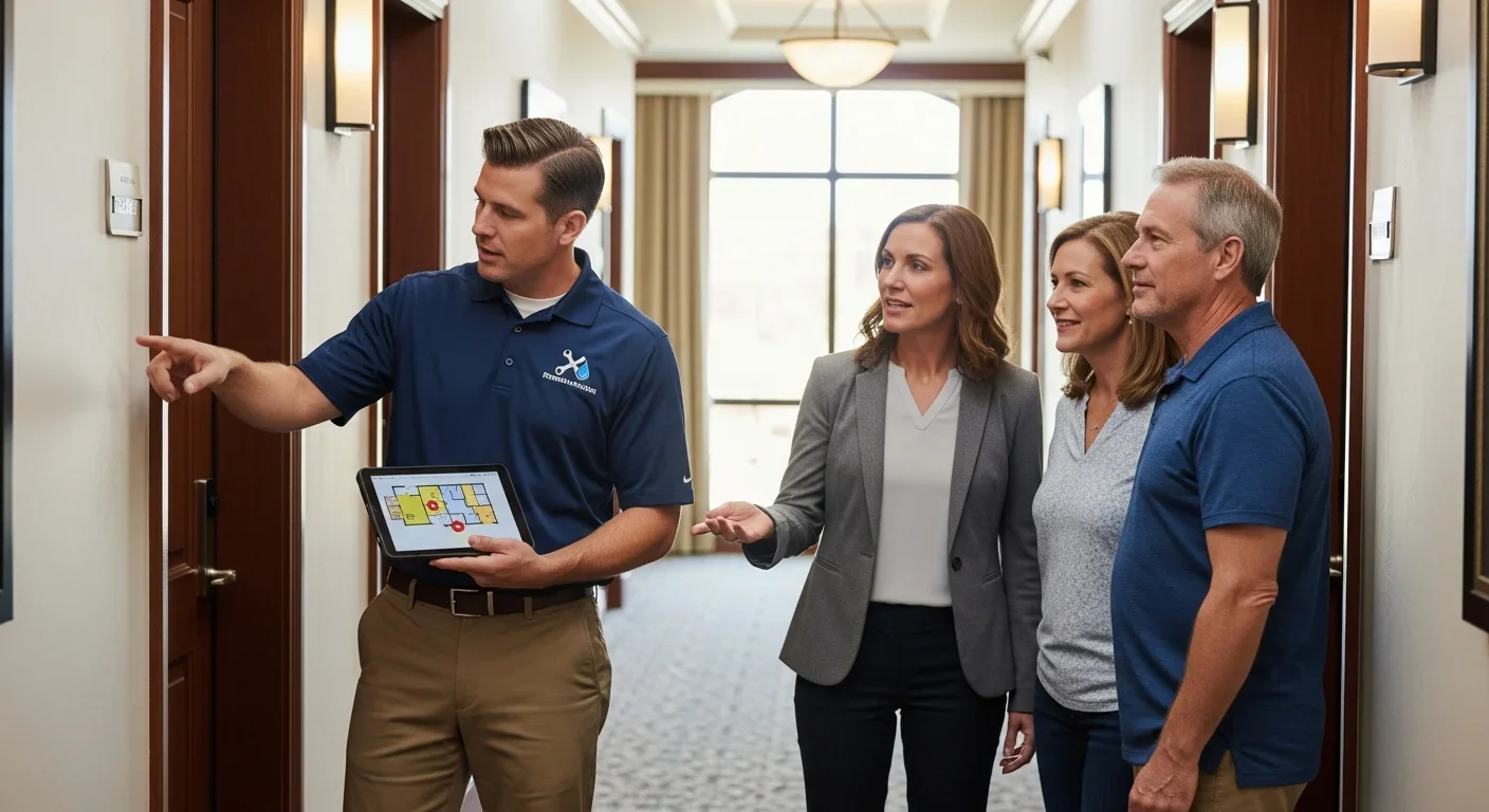 Restoration technician coordinating with HOA property manager and unit owners in a multi-family building hallway