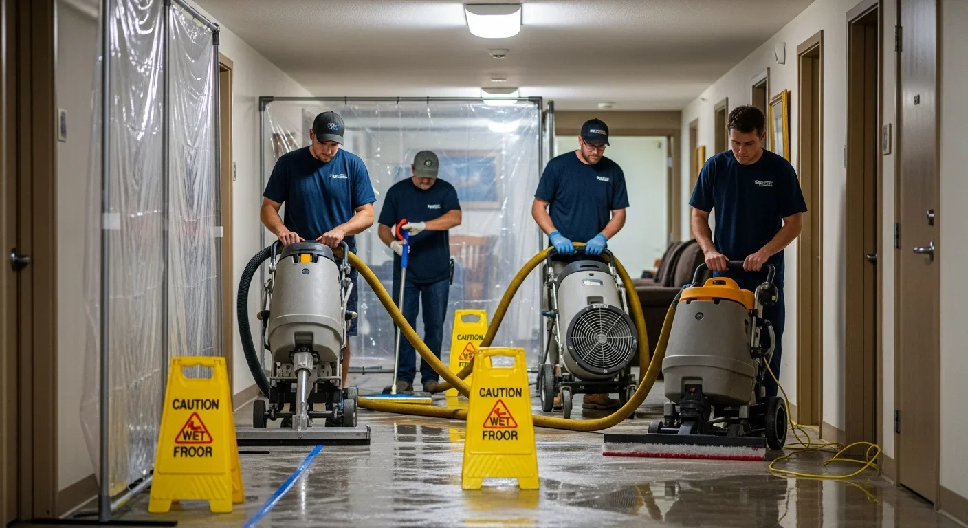 Palm Build crew running water extraction equipment in a multi-unit condo corridor with containment barriers
