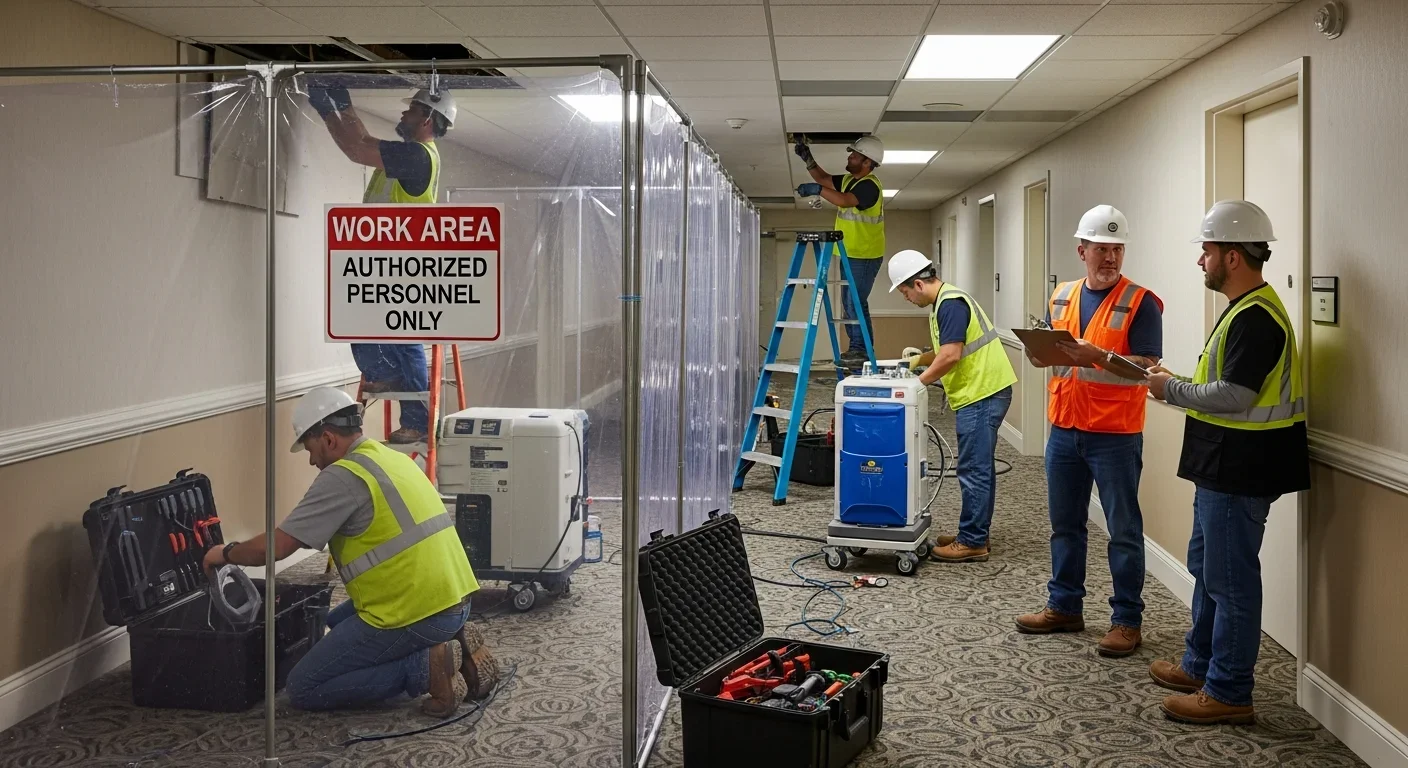 Palm Build restoration crew running phased multi-unit work in a condo corridor with containment barriers and posted signage