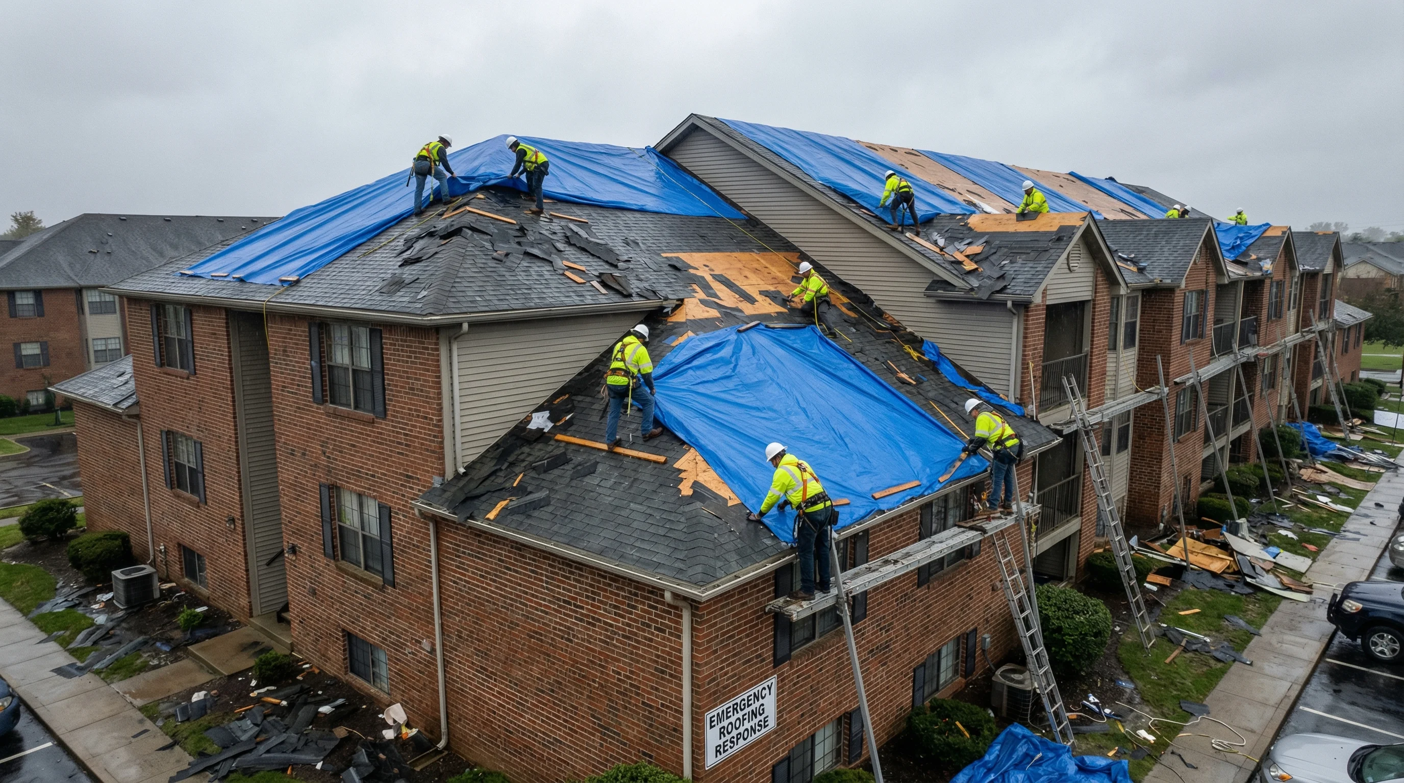 Emergency tarping on storm-damaged condo building