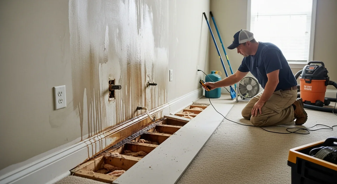 North Carolina townhome interior with water damage from a freeze-related burst pipe in a shared wall