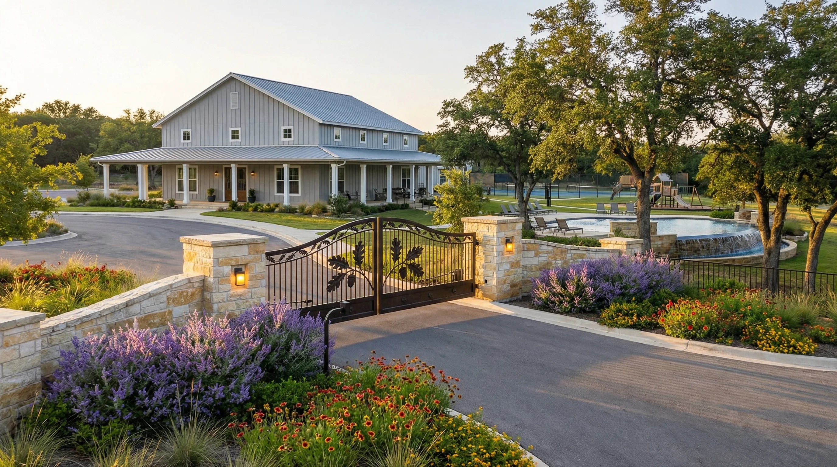 Planned development community entrance with clubhouse