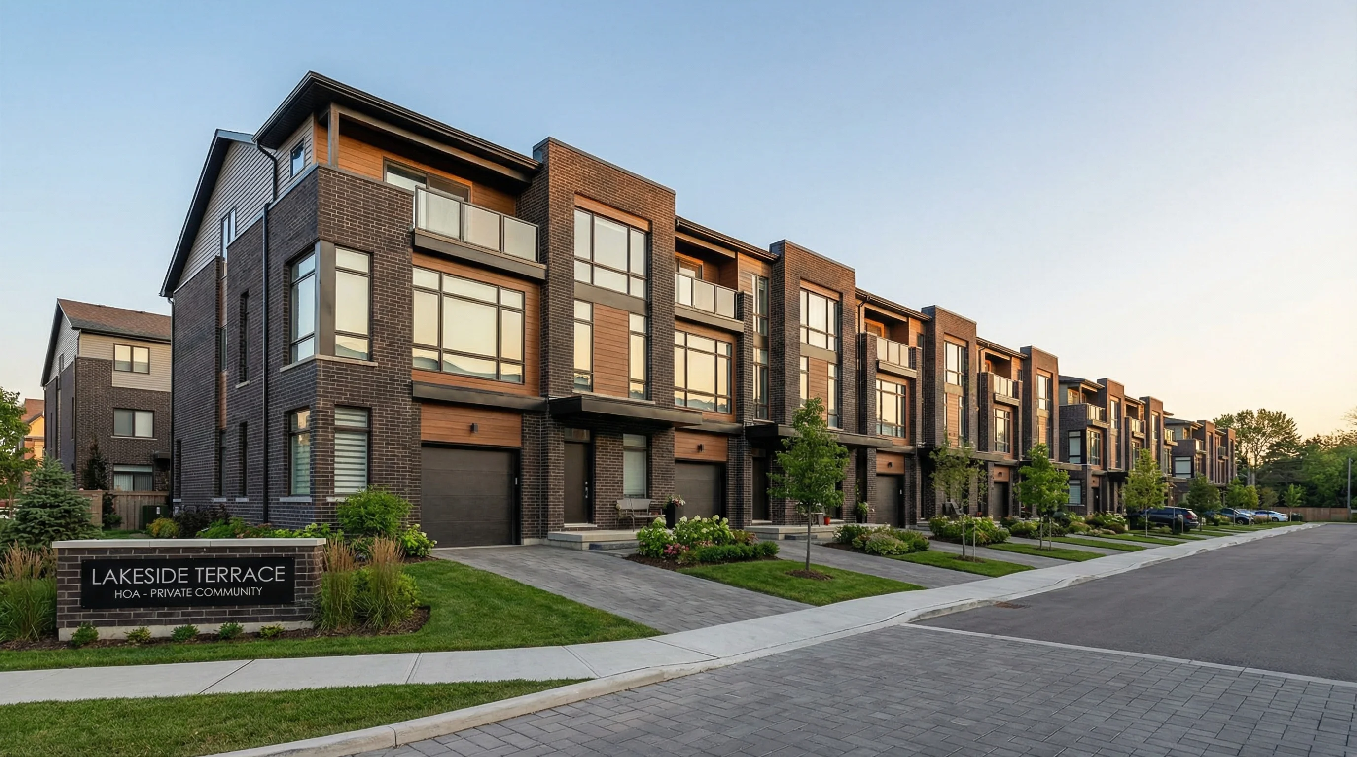 Row of modern townhomes in HOA community