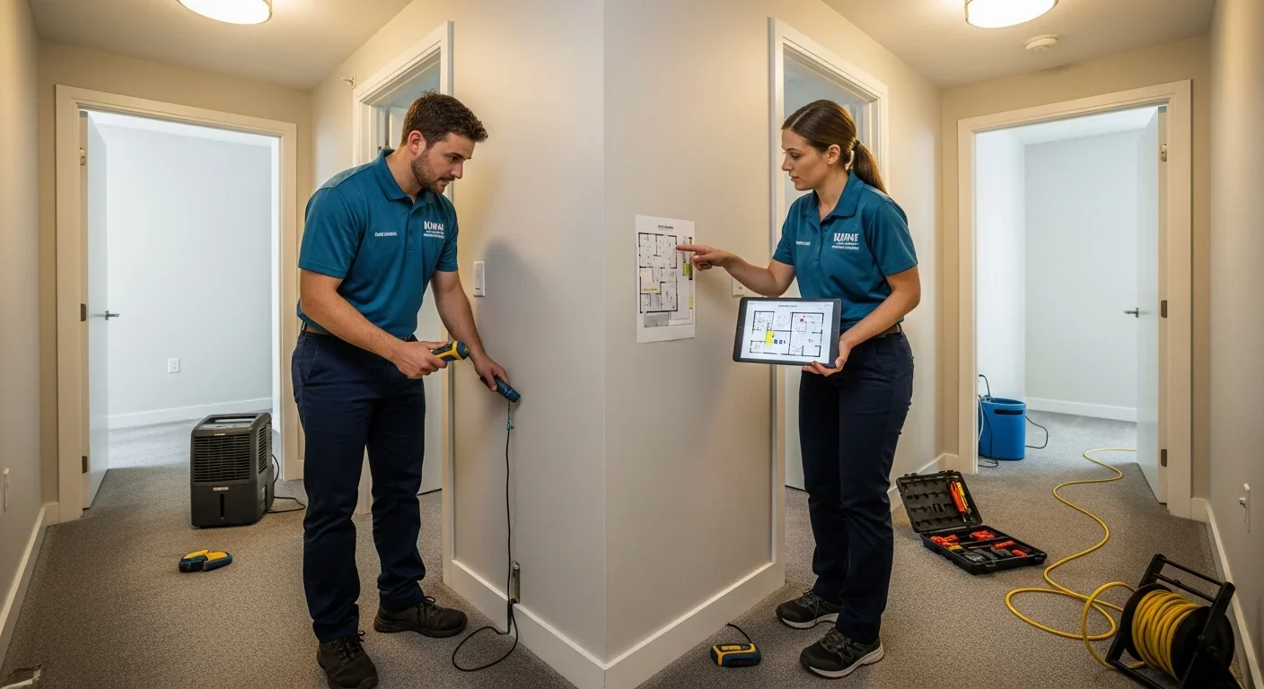 Two restoration technicians coordinating between adjacent condo units to trace a unit-to-unit water leak source