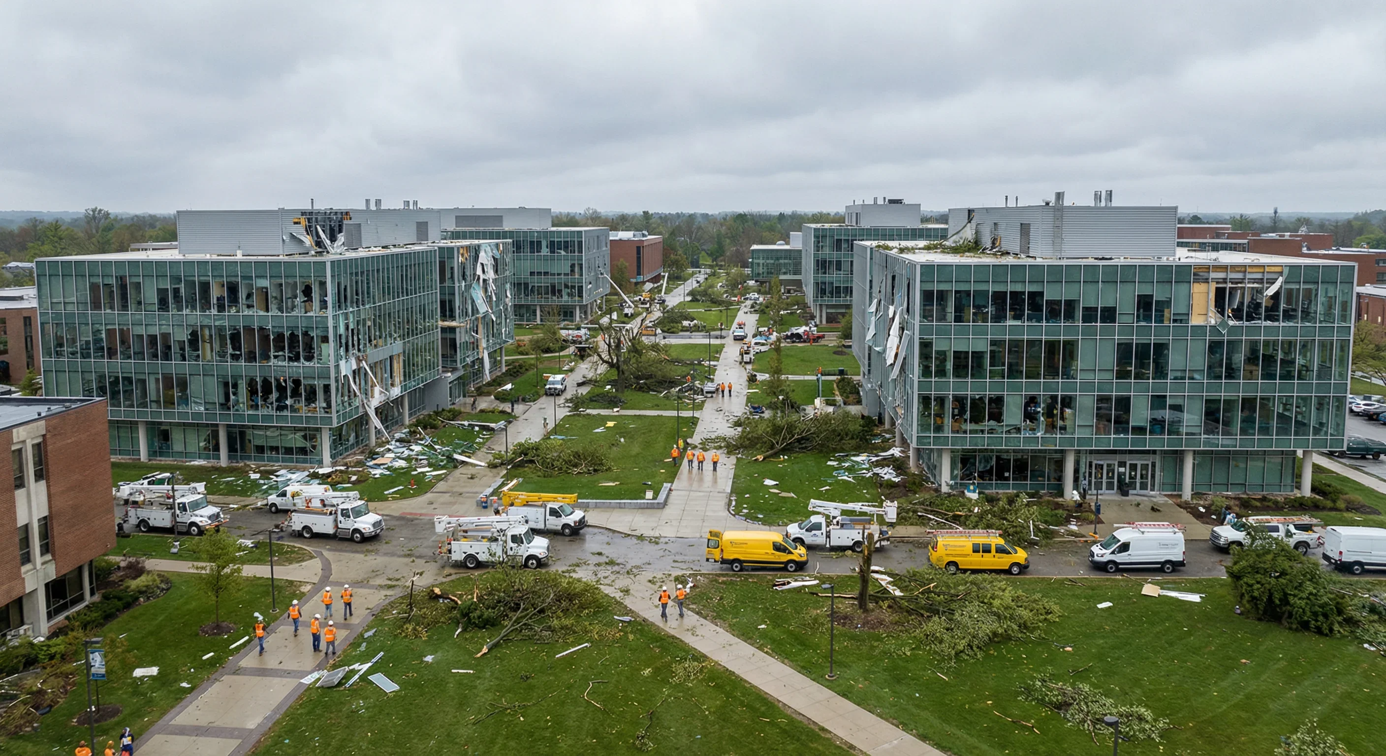 University campus with storm damage across multiple buildings and restoration vehicles on site