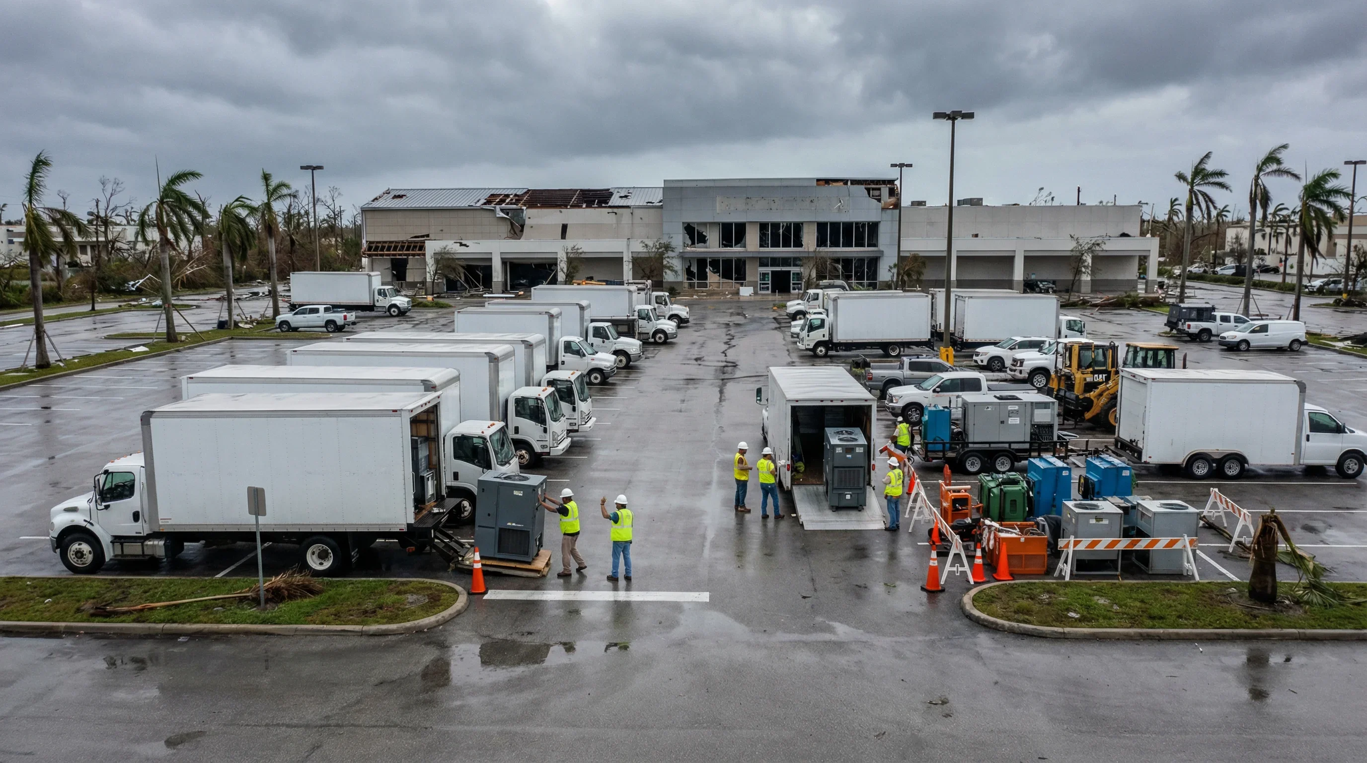 Catastrophe response staging area with restoration fleet preparing for deployment