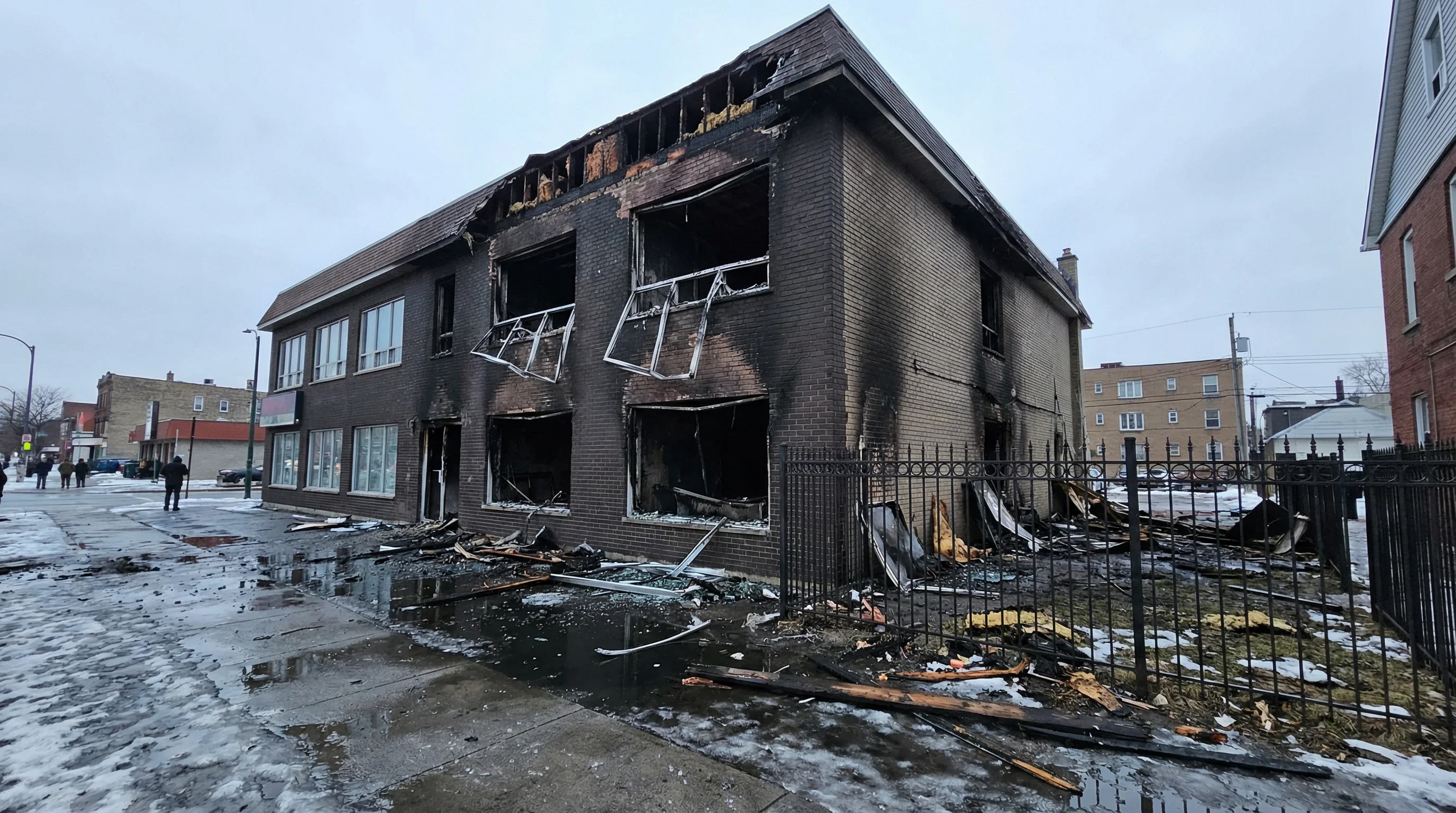 Large commercial building fire damage requiring major restoration