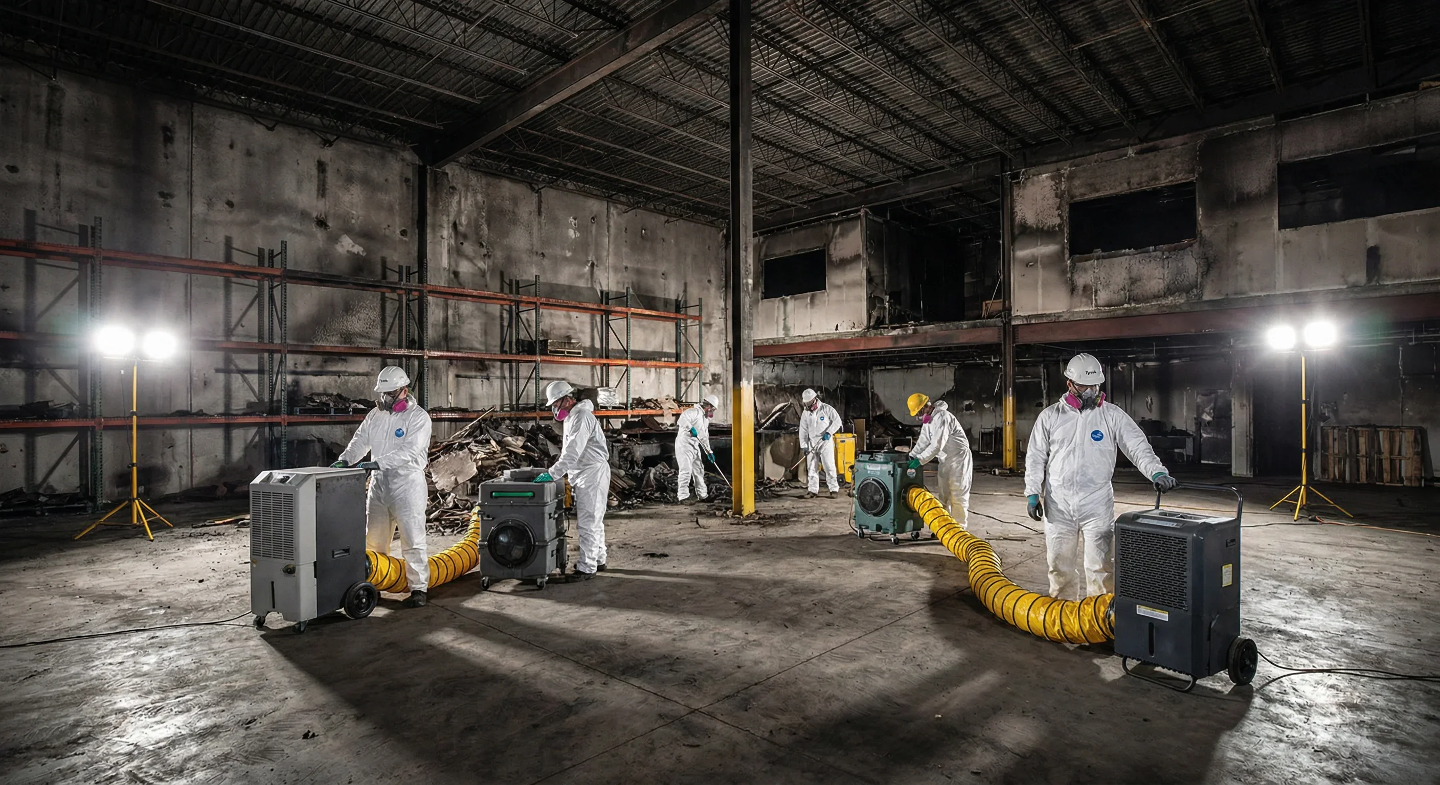 Restoration crew in protective gear working in fire-damaged commercial warehouse