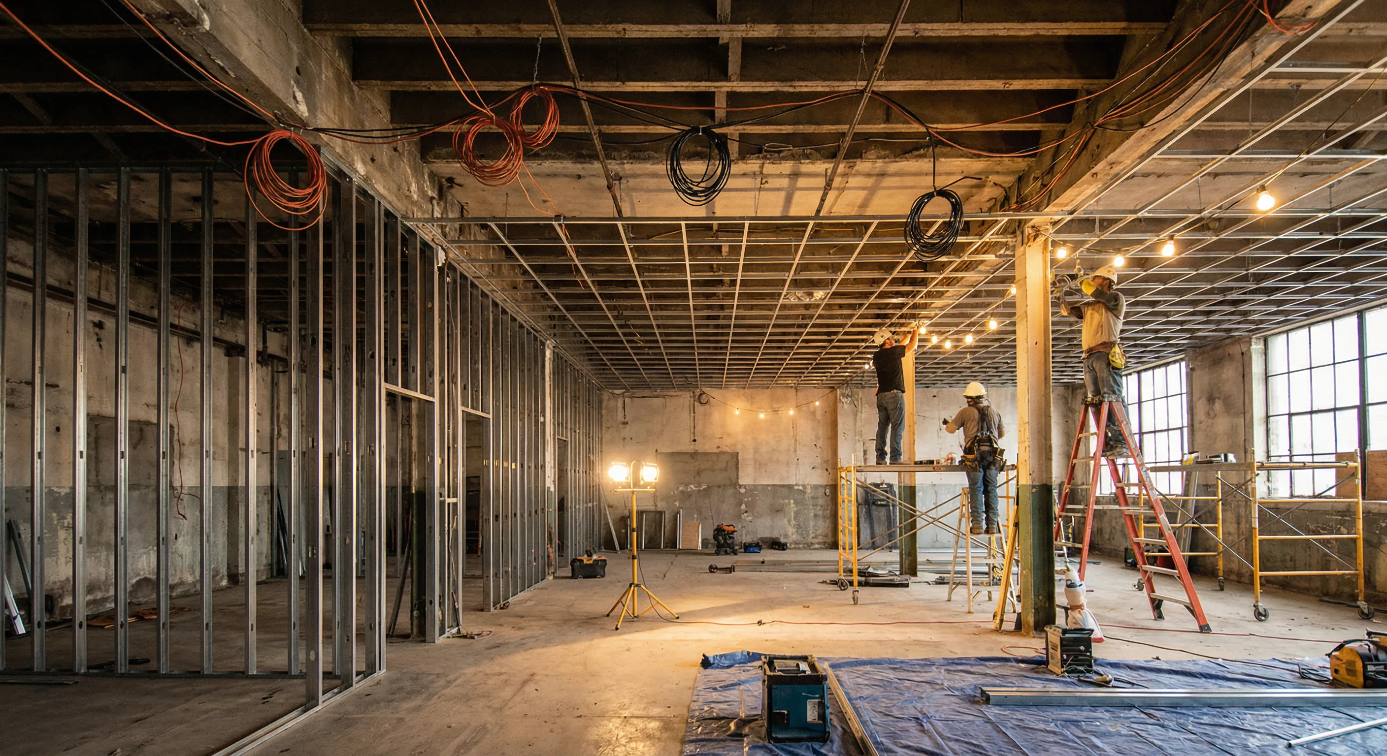 Commercial space reconstruction with metal stud framing and electrical work