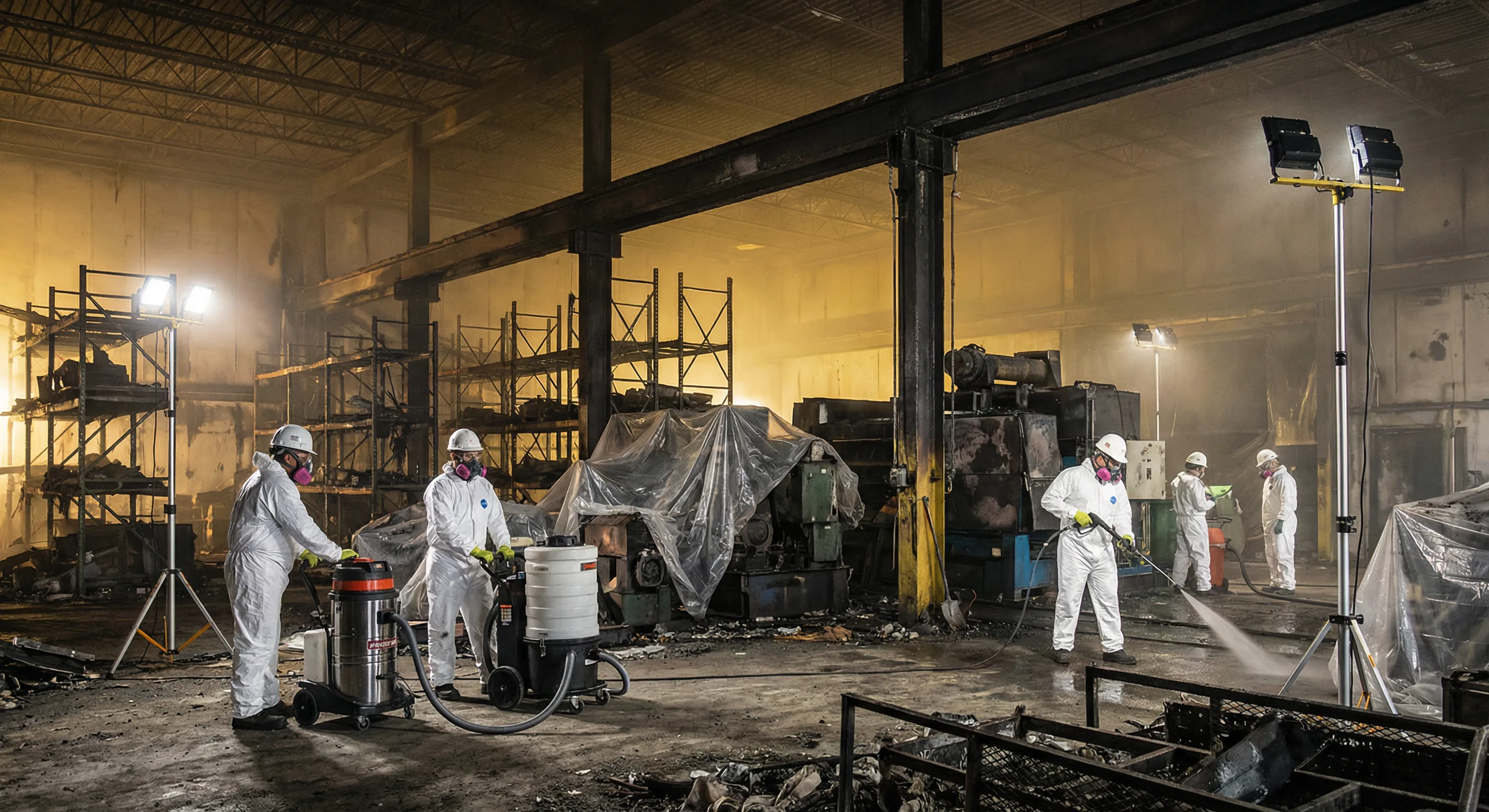 Workers in PPE cleaning fire-damaged commercial warehouse with industrial equipment