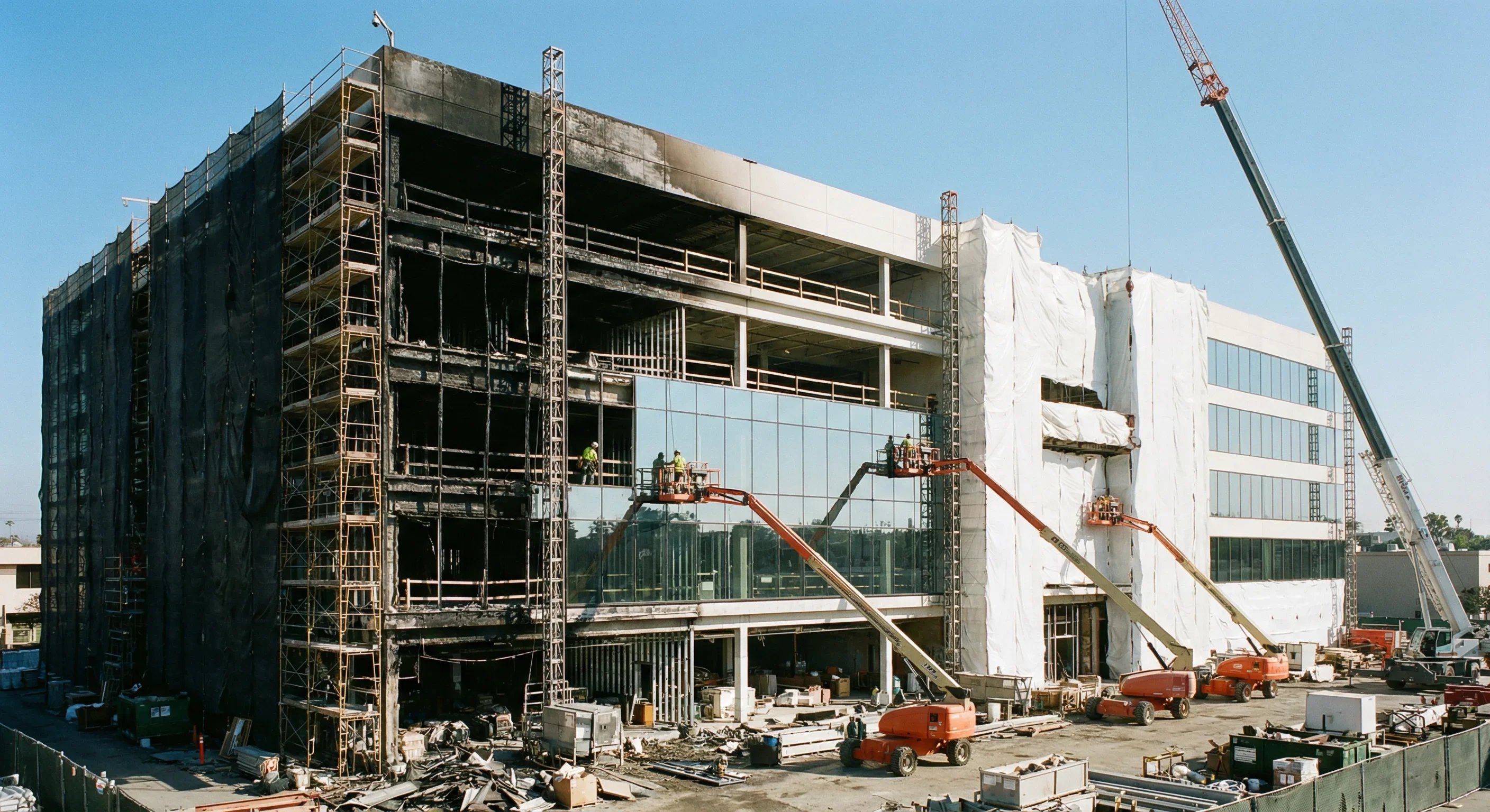 Commercial office building exterior after a large loss fire