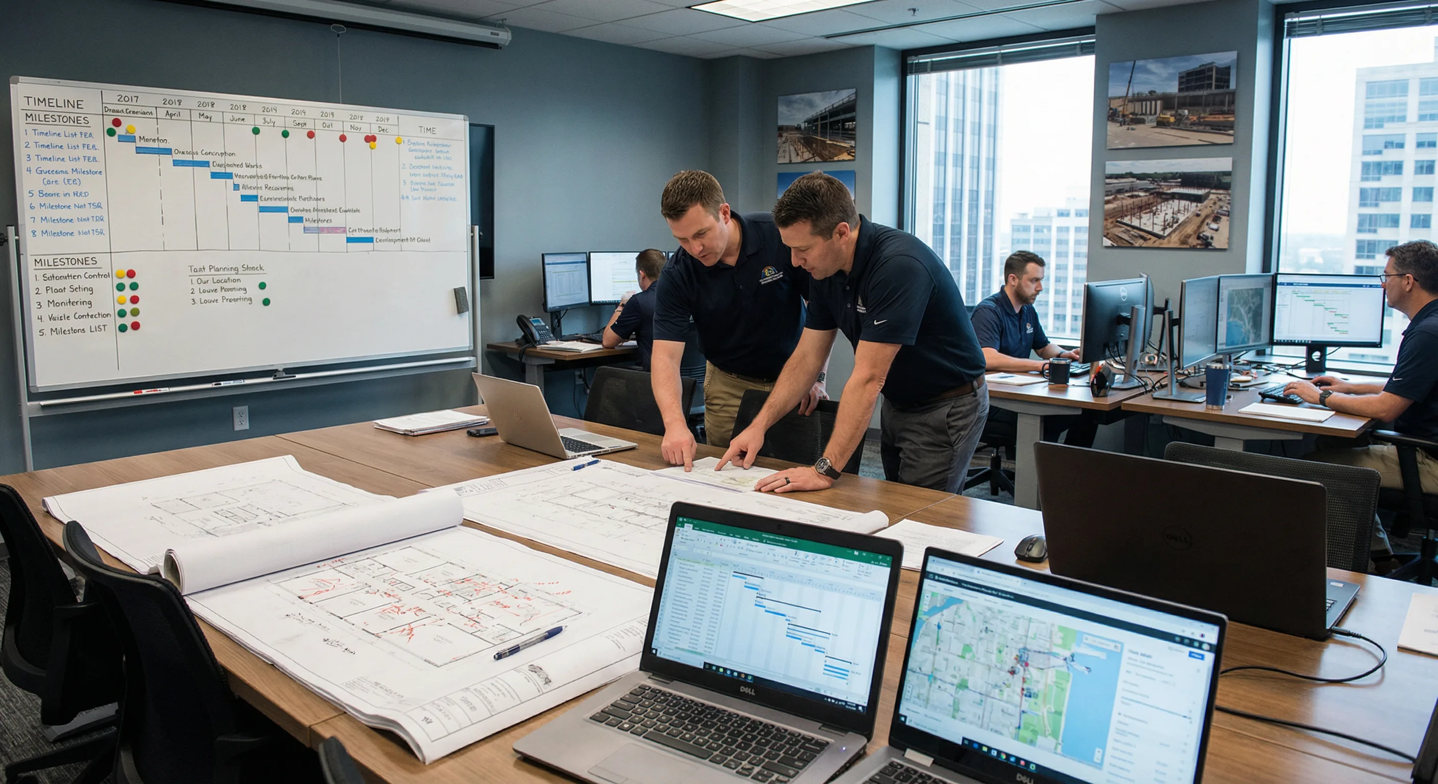 Disaster recovery project managers reviewing building plans in command center