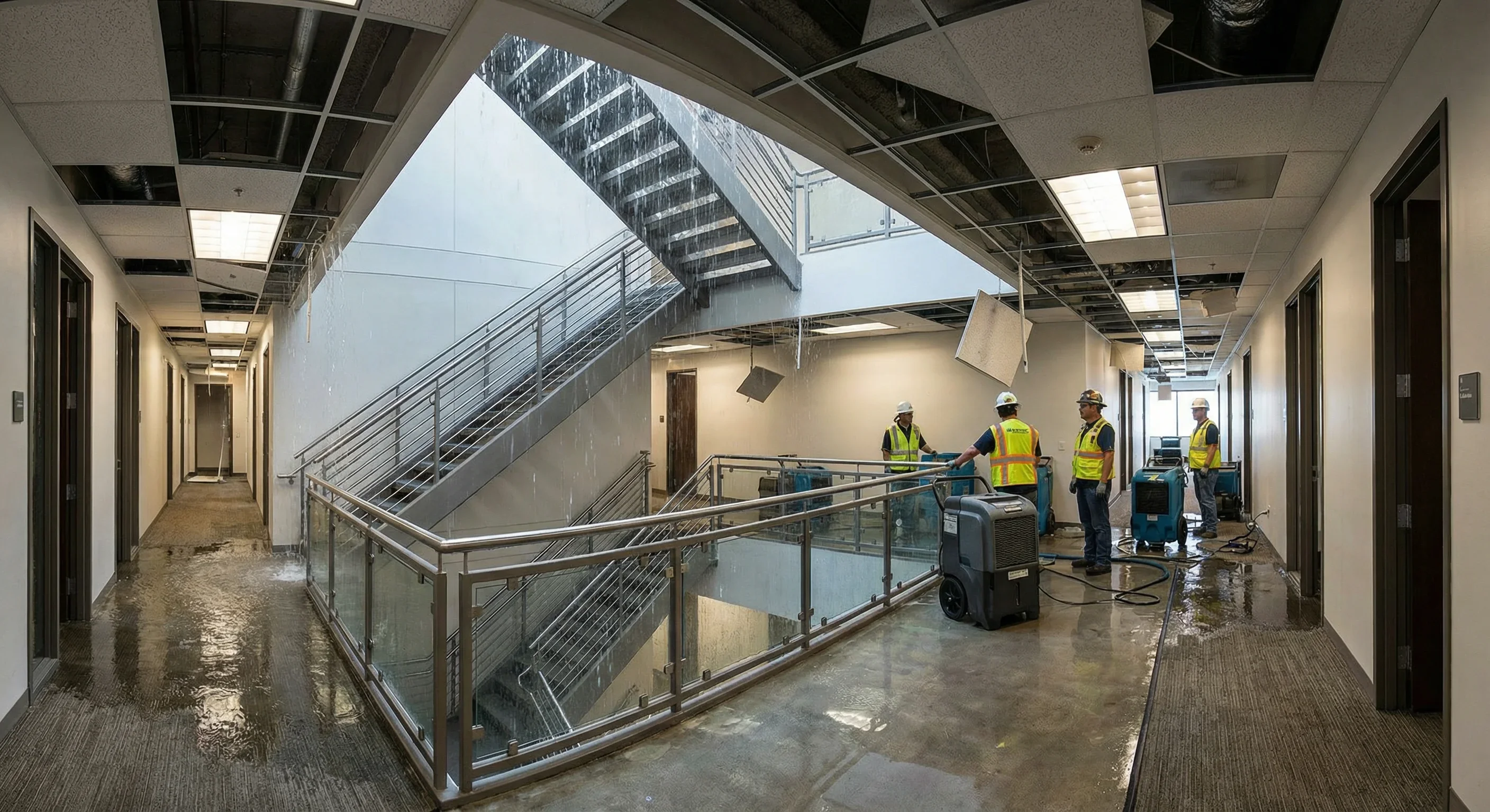 Multi-story building with water cascading through stairwell from sprinkler system failure