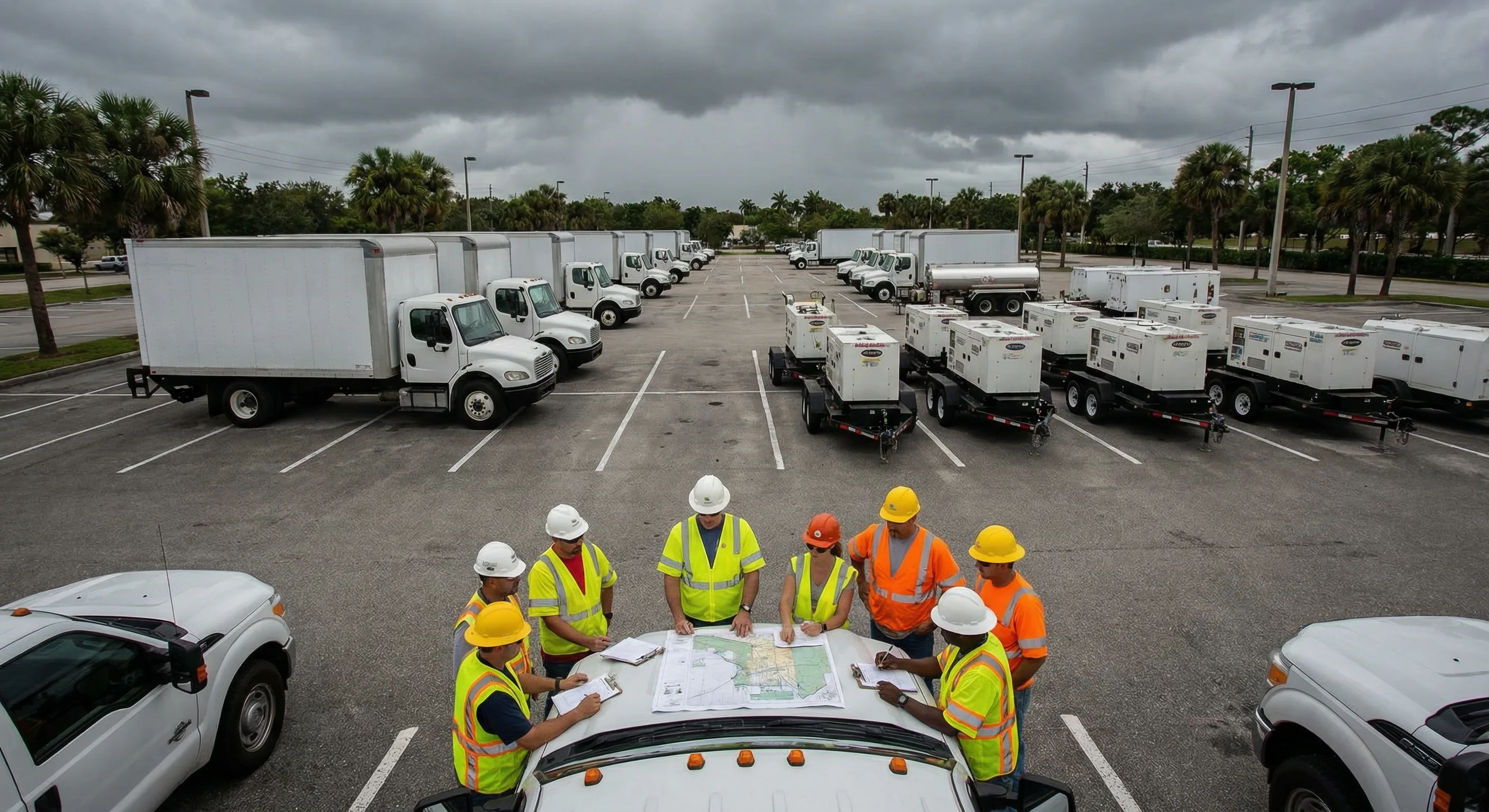 CAT team staging area with restoration trucks and crews reviewing maps