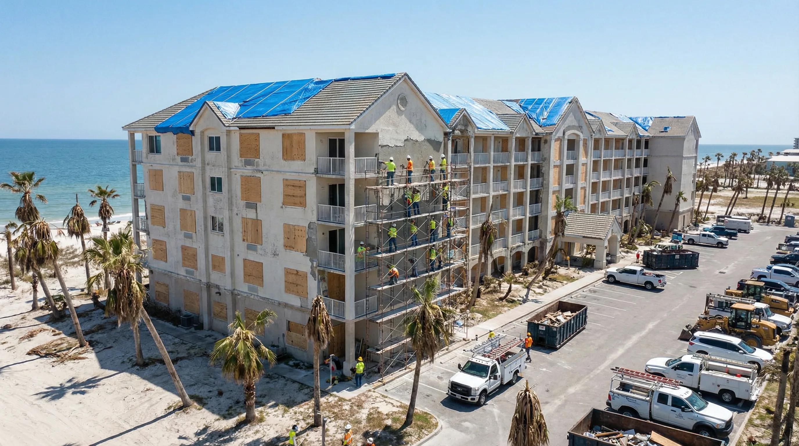 Hurricane-damaged coastal hotel with blue tarps and restoration crews on scaffolding
