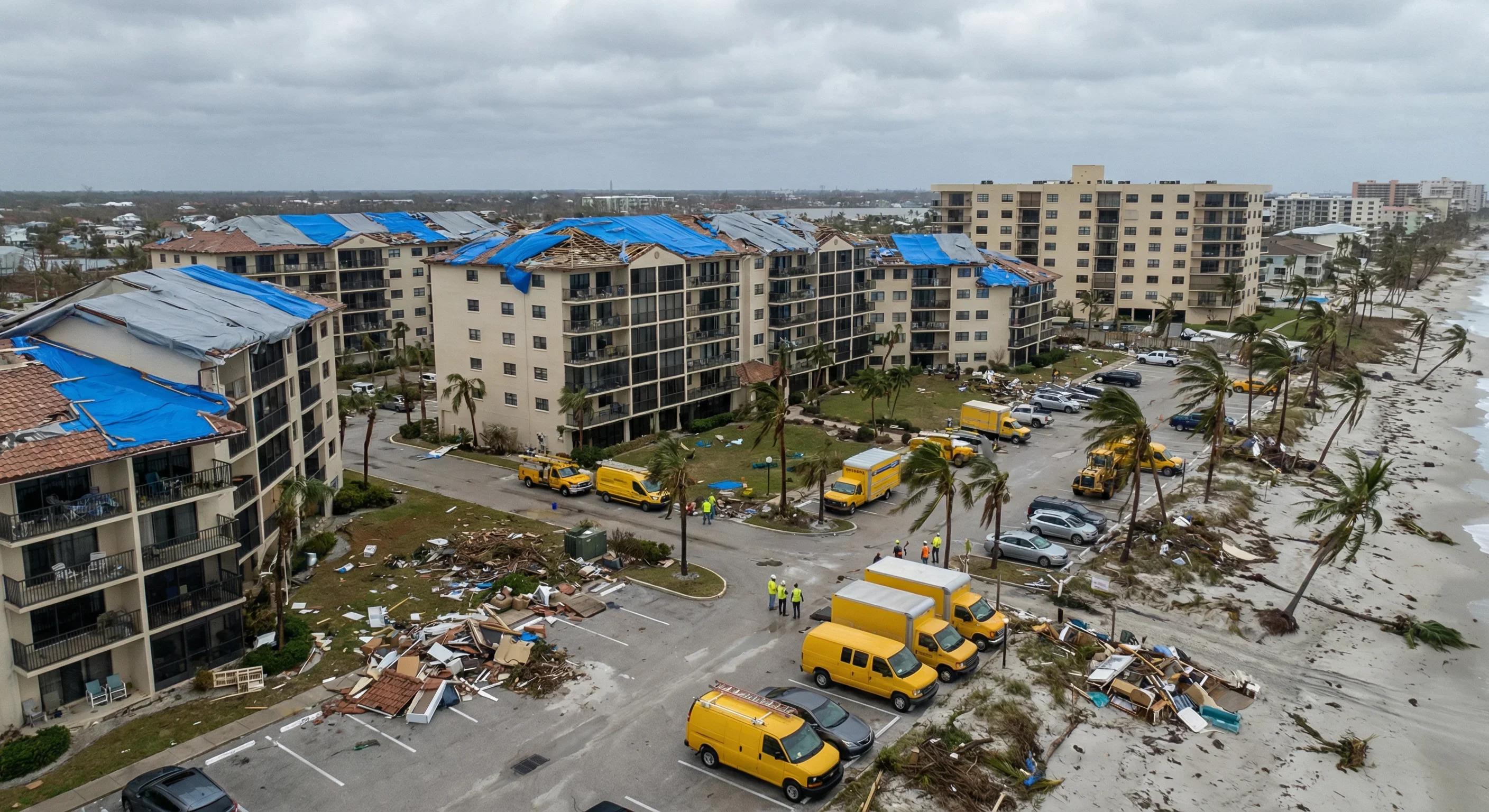 Aerial view of hurricane damage across multiple condominium buildings