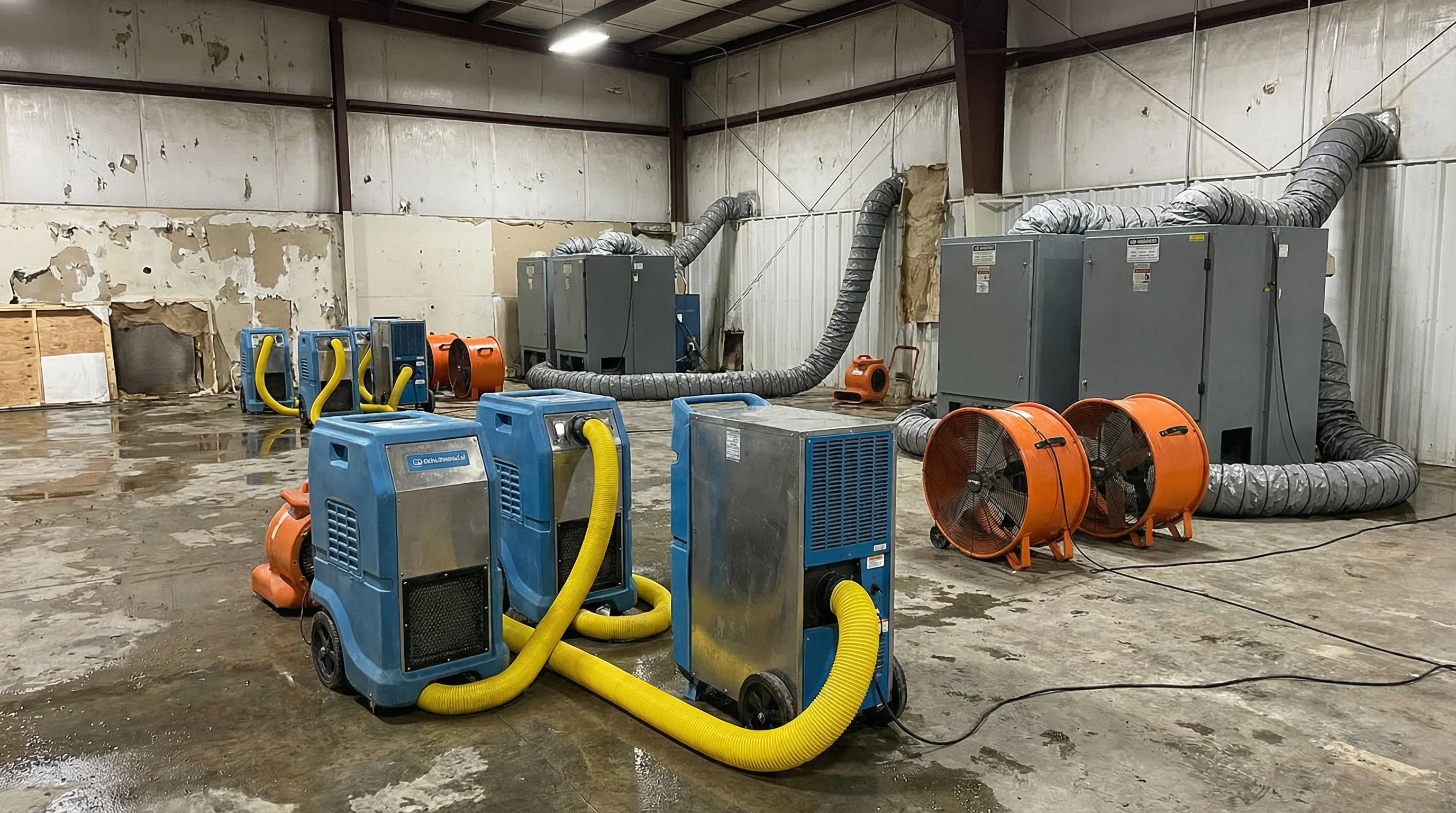 Industrial drying equipment deployed at large loss site
