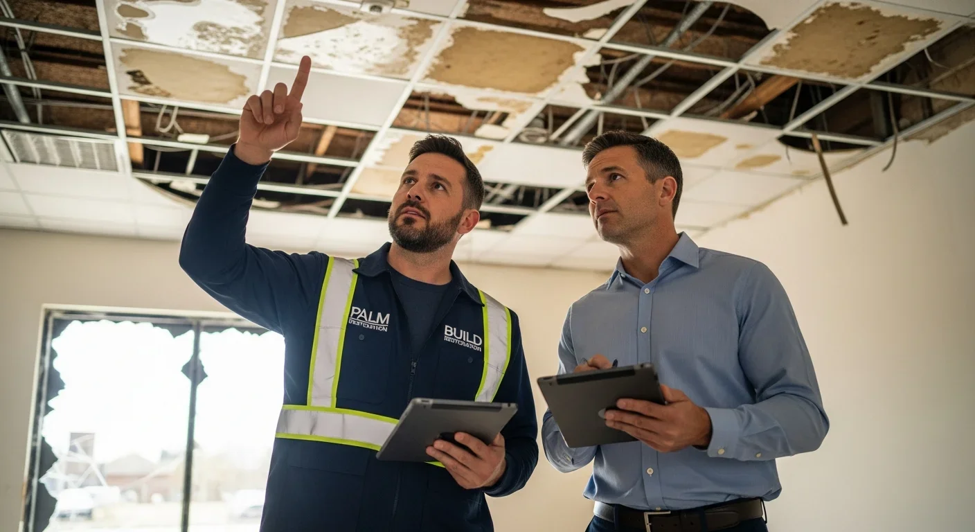 Insurance adjuster and restoration project manager walking through a large commercial loss together, reviewing documentation on a tablet
