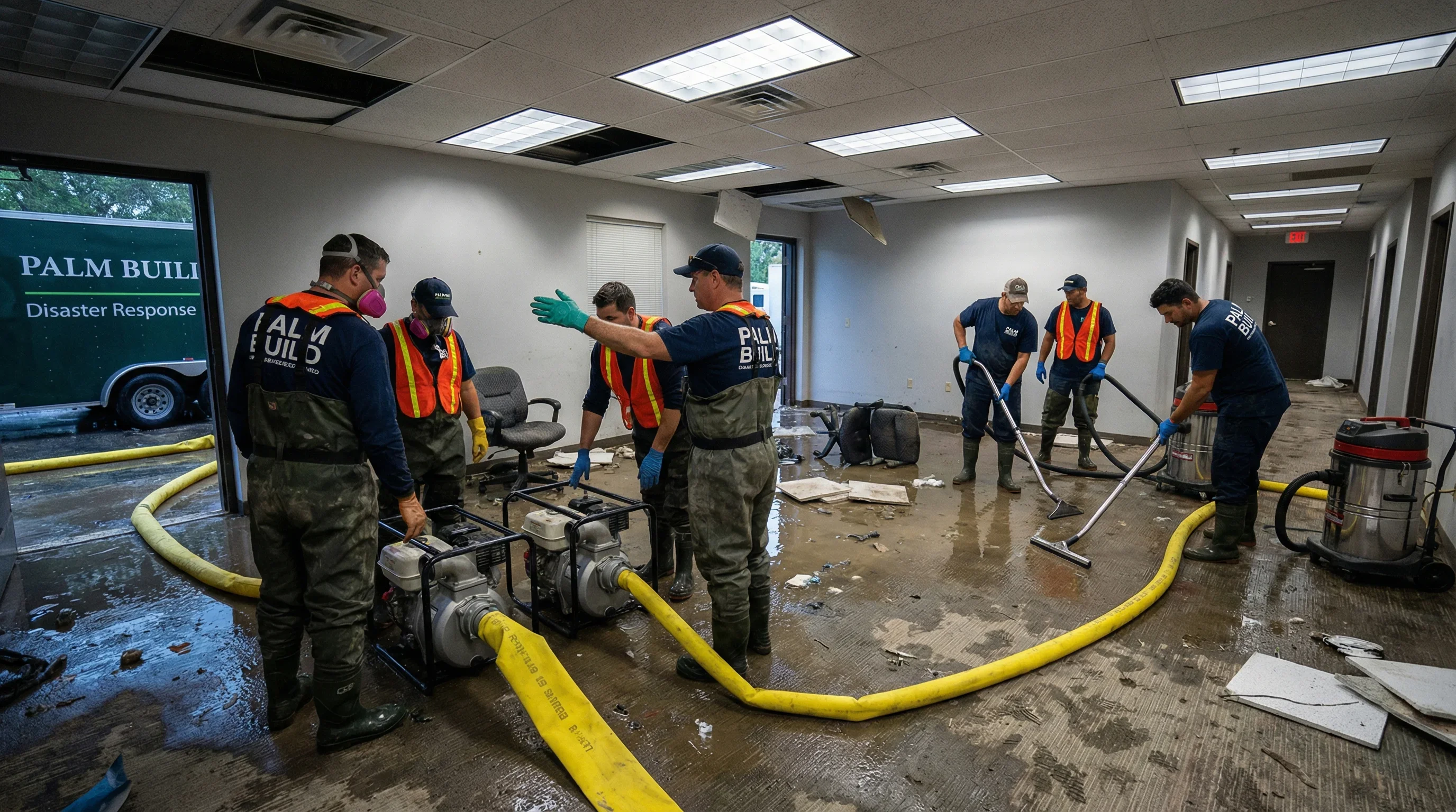 Multi-crew industrial water extraction operation at a large loss site