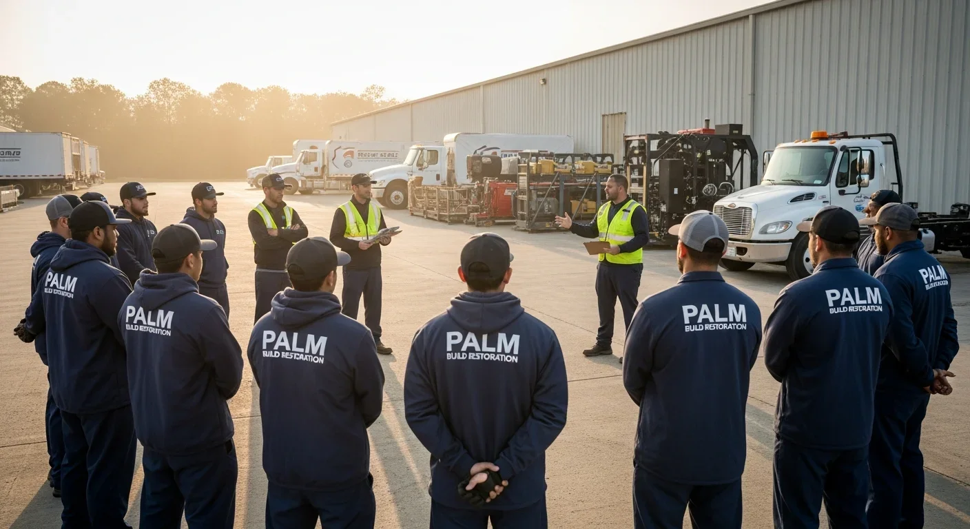 Multiple Palm Build crews working in parallel across a large-loss hurricane response site, with extraction and drying equipment visible