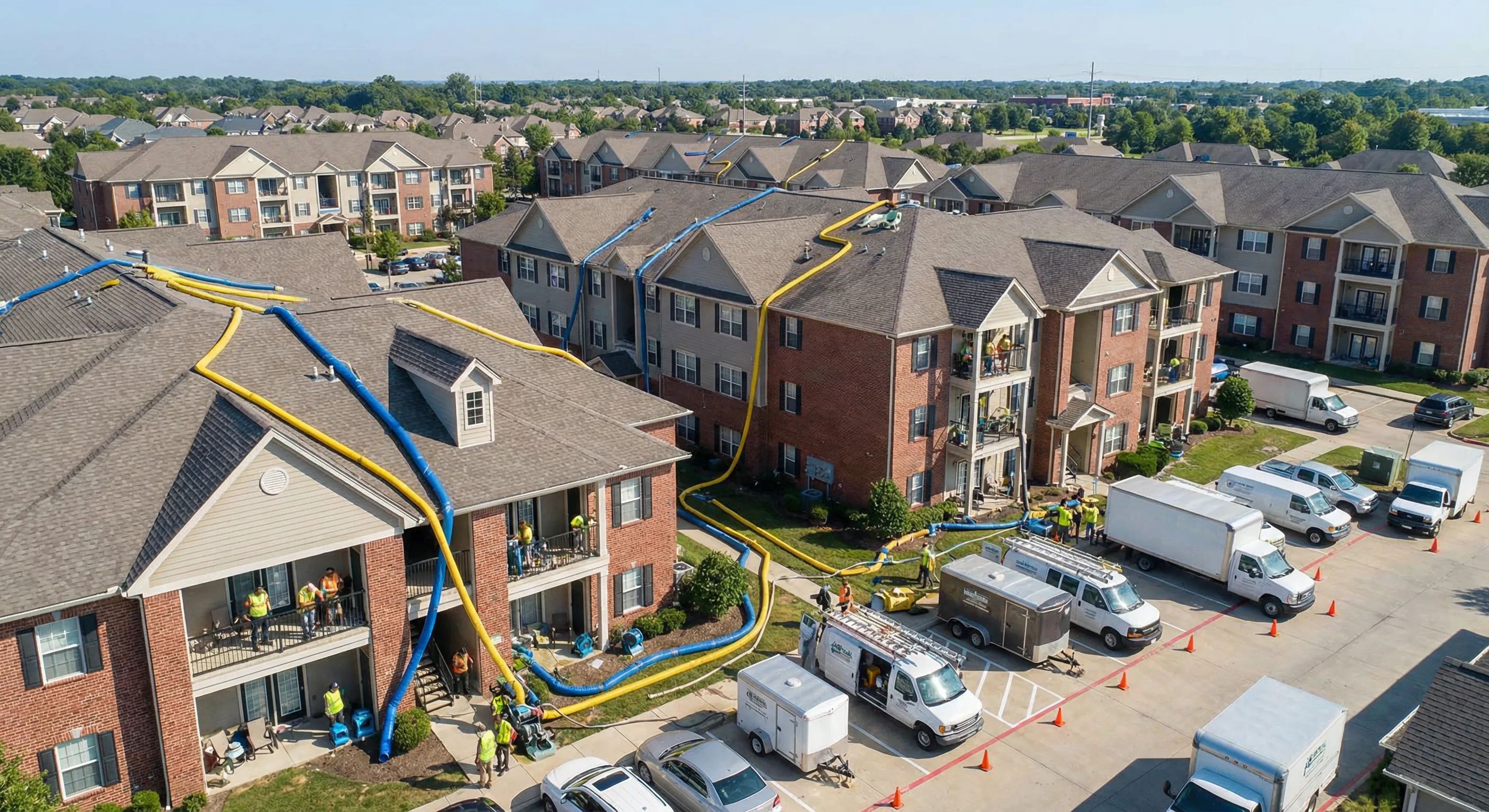 Aerial view of multi-building apartment complex during restoration with equipment