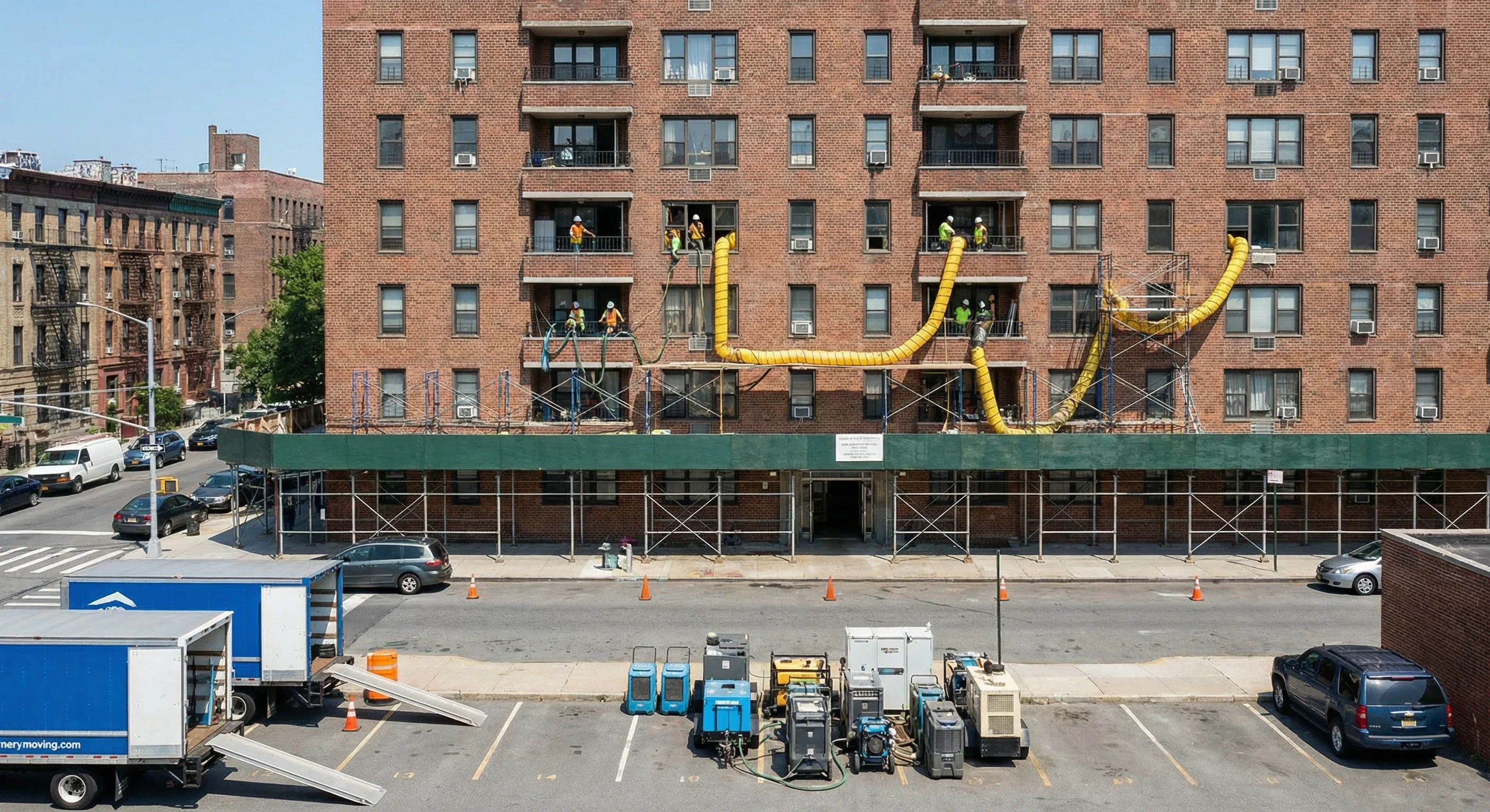 Multi-building apartment restoration with relocation coordination