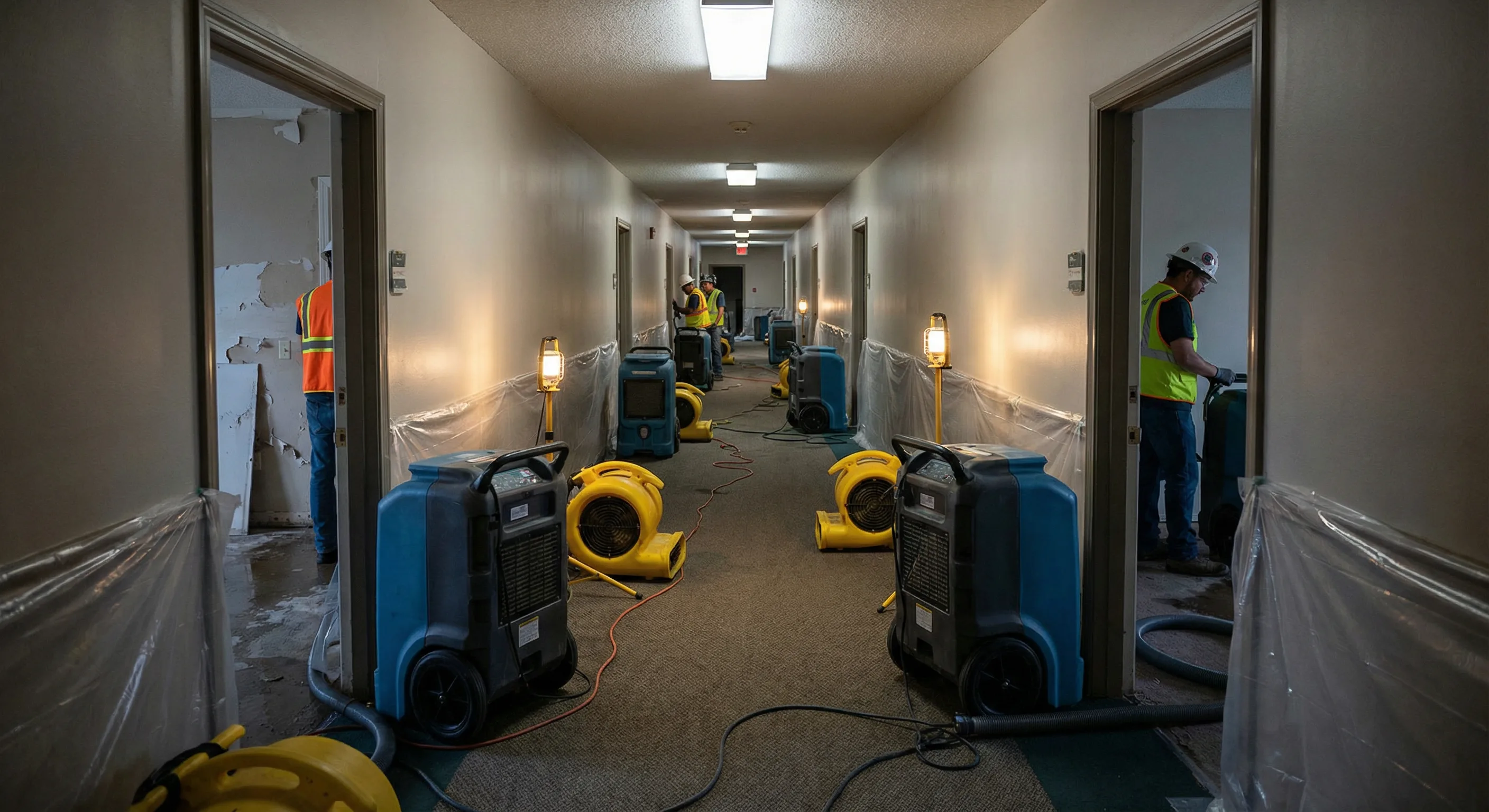 Apartment hallway lined with dehumidifiers and air movers during water restoration