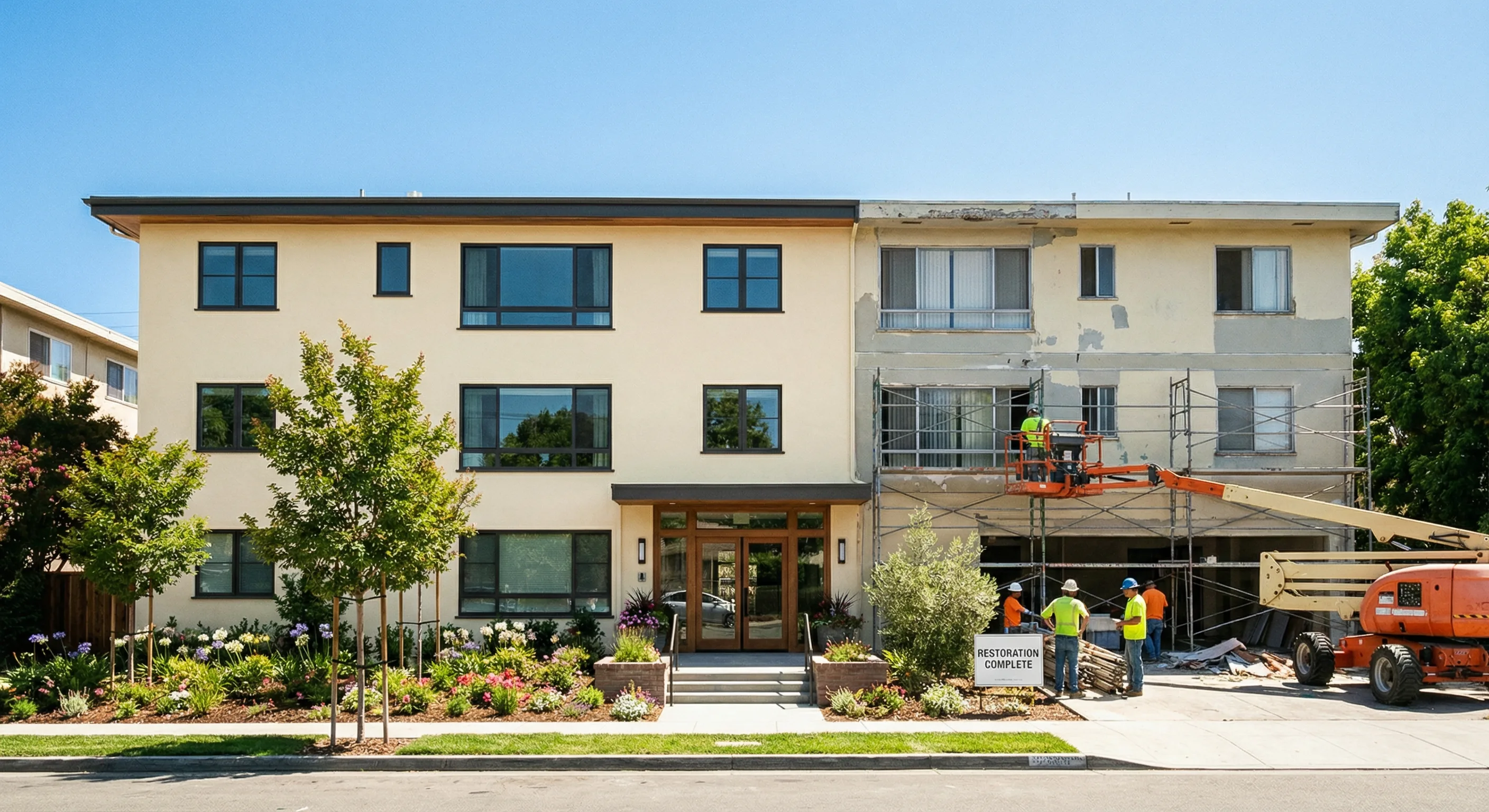 Restored apartment building exterior with final work being completed