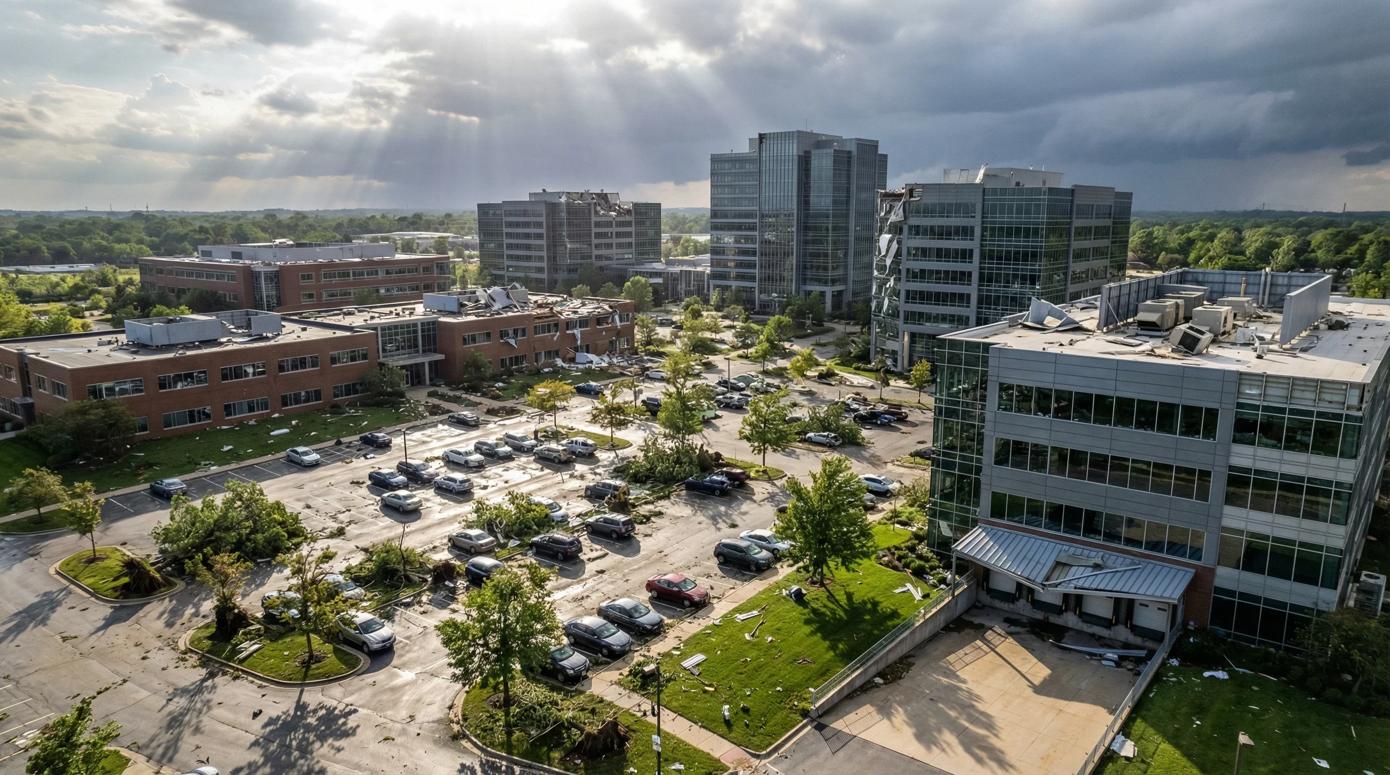 Storm damage affecting multiple buildings in corporate campus