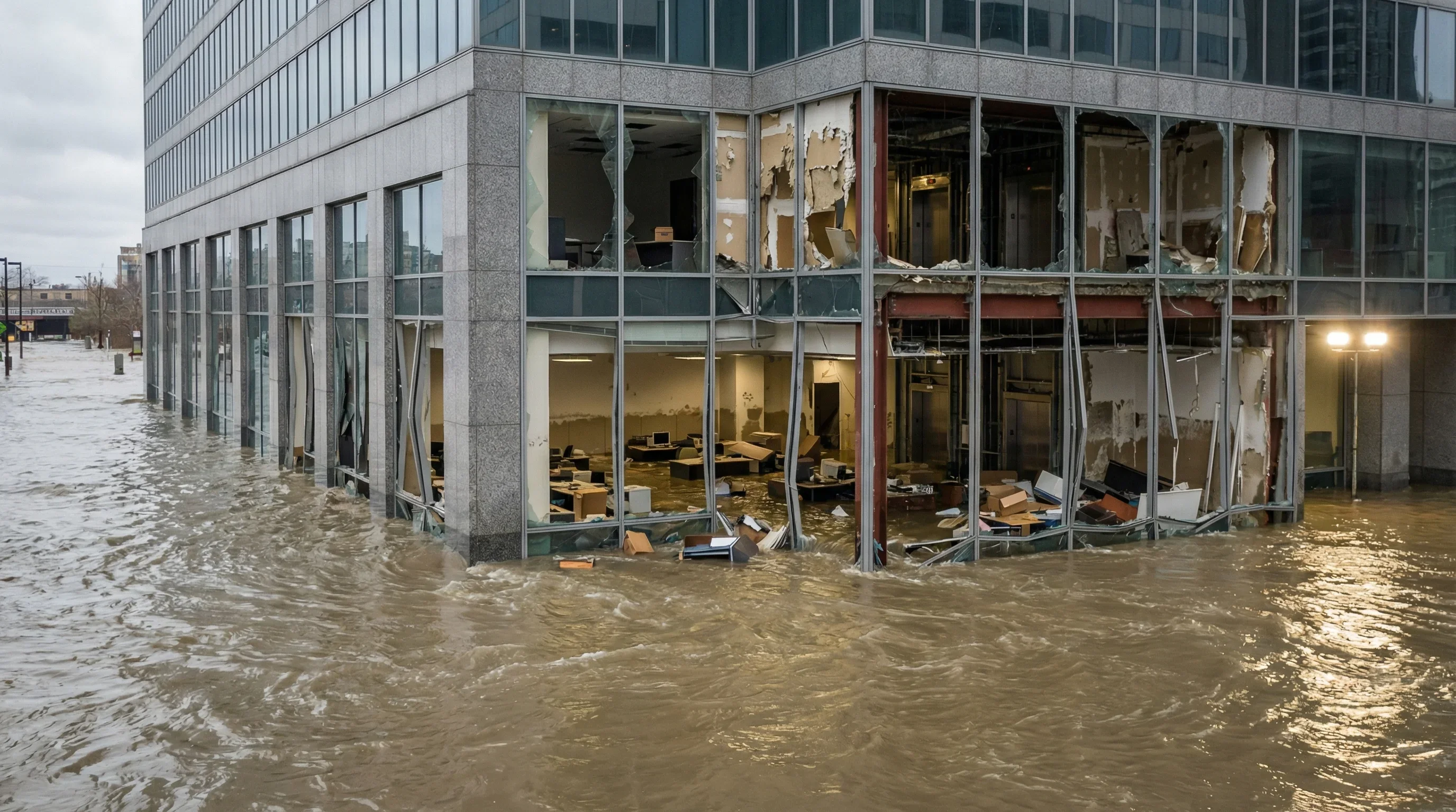 Multi-story building flooding disaster requiring large loss restoration