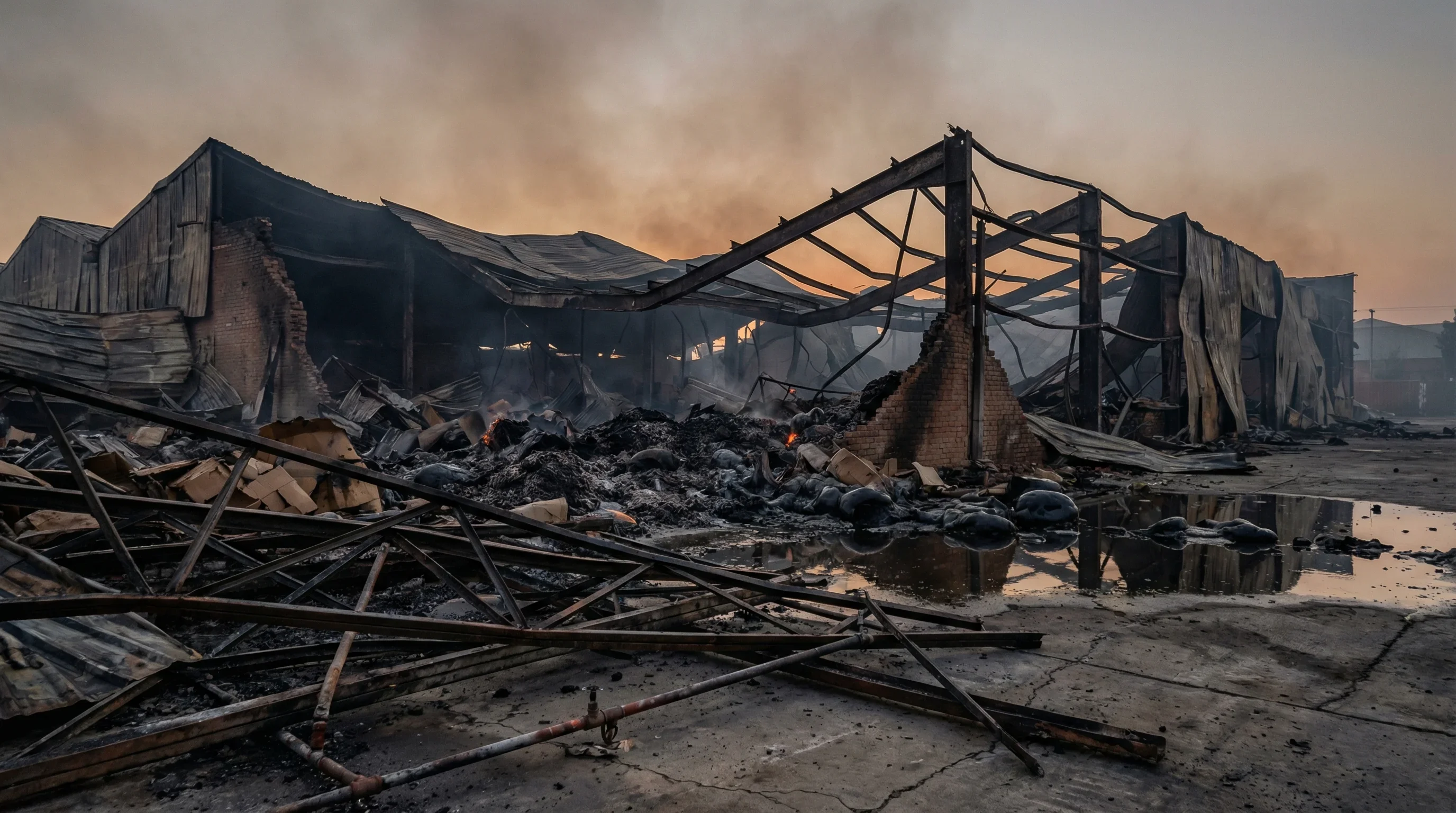 Industrial warehouse with fire damage and restoration equipment staged