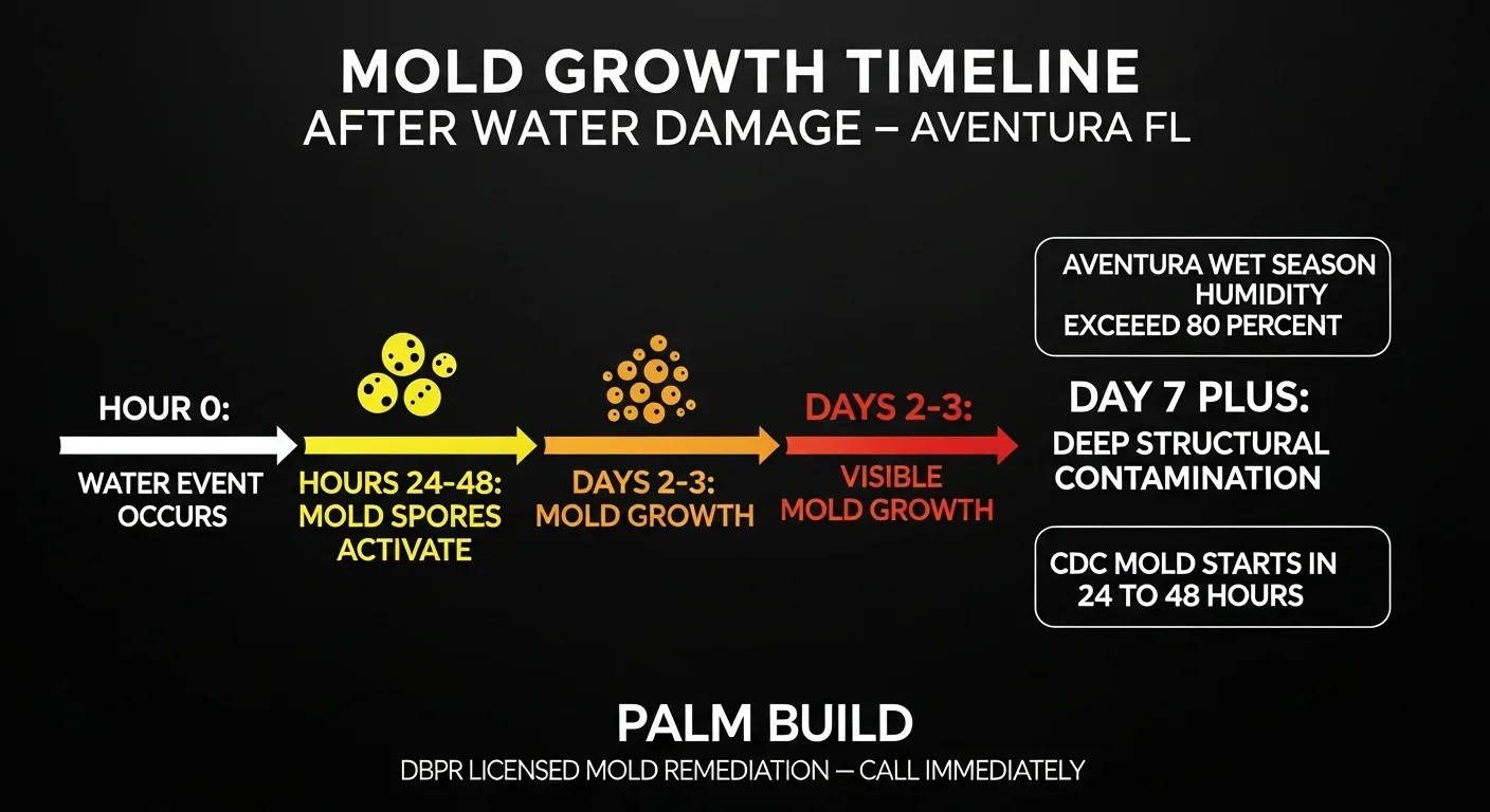 Mold growth timeline infographic for Aventura FL showing CDC-confirmed 24-48 hour mold activation window after water damage