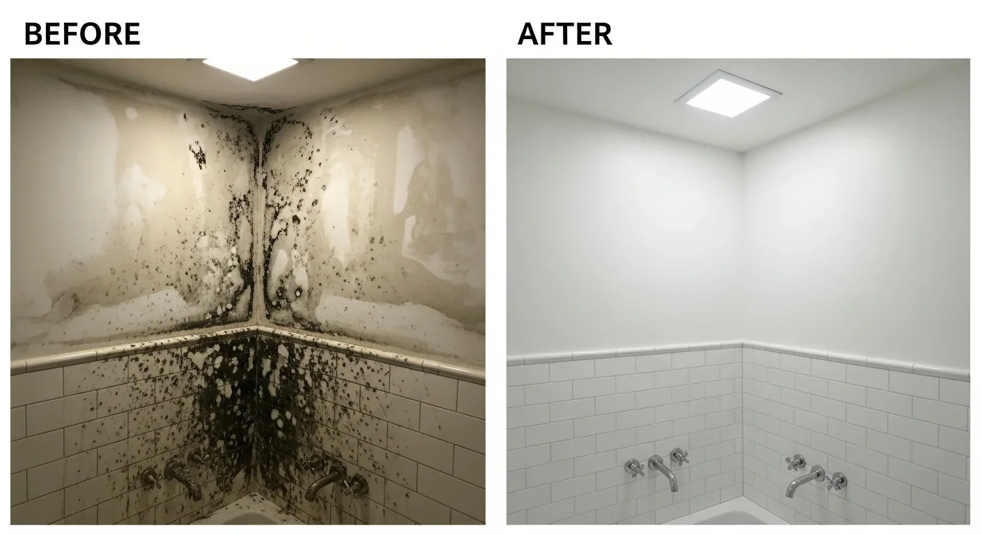Before and after mold remediation in an Aventura Florida luxury condominium bathroom — black mold on walls fully remediated