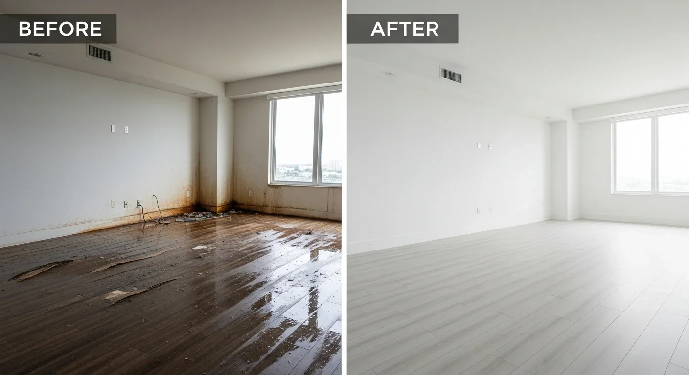 Before and after comparison of water damage restoration work completed in an Aventura Florida luxury condominium showing full restoration from water-damaged to move-in ready