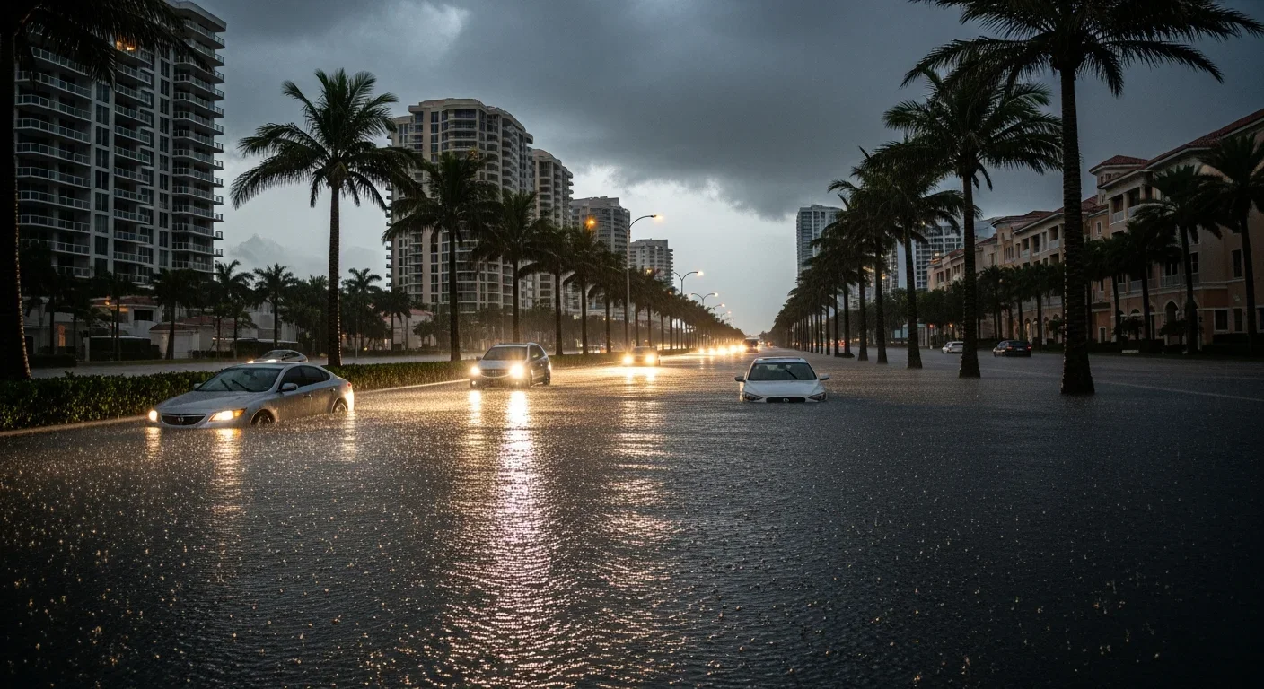 Canal-front homes and condo buildings in Aventura FL showing waterfront properties vulnerable to Miami-Dade storm surge and tidal flooding