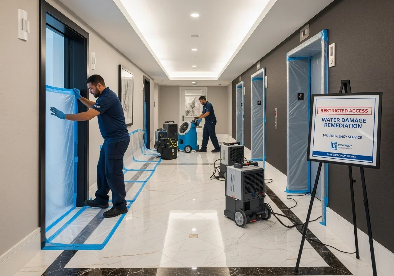 Palm Build restoration team protecting elevator and hallway in Aventura high-rise during water damage remediation