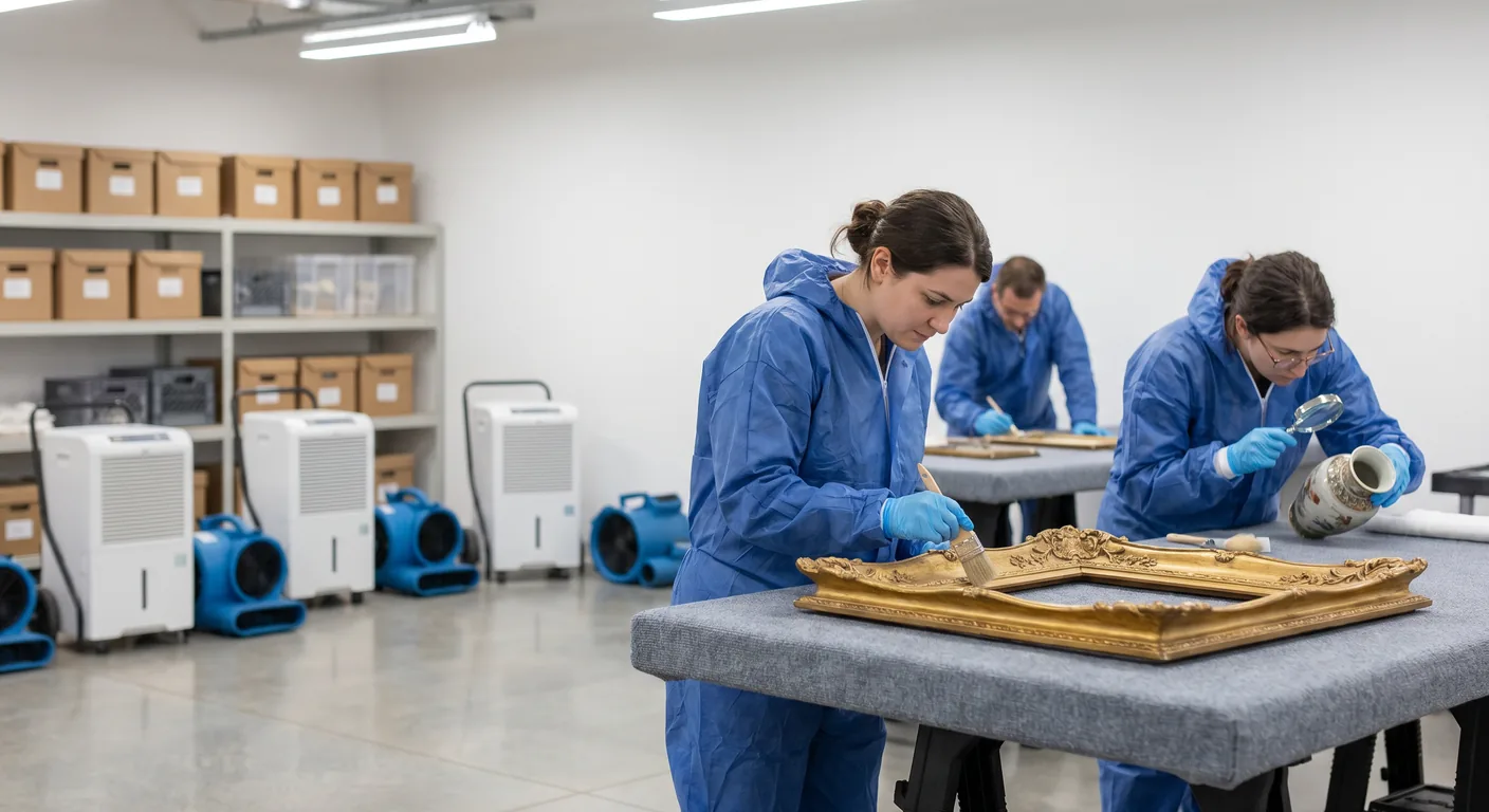 Palm Build specialists cleaning salvaged luxury contents including gilt-frame mirrors on padded tables in a climate-controlled Deerfield Beach restoration facility
