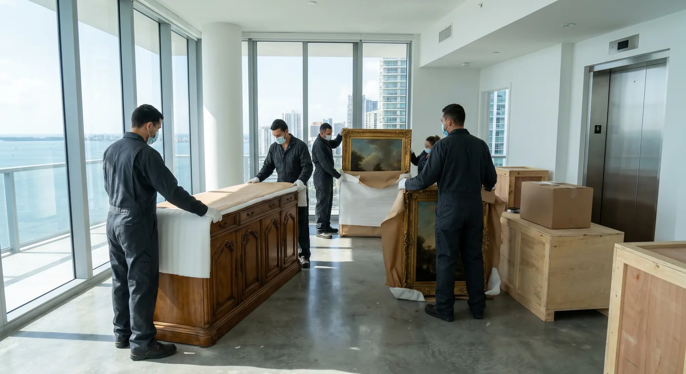 Palm Build white-glove contents restoration specialists wrapping luxury art and designer furnishings near a high-rise elevator lobby in Aventura Florida with Biscayne Bay view