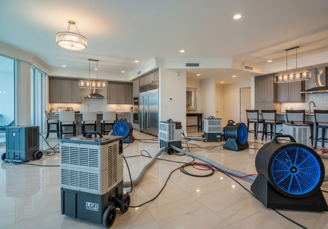 Palm Build commercial drying equipment setup in an Aventura Florida luxury condominium unit showing professional LGR dehumidifiers and air movers deployed