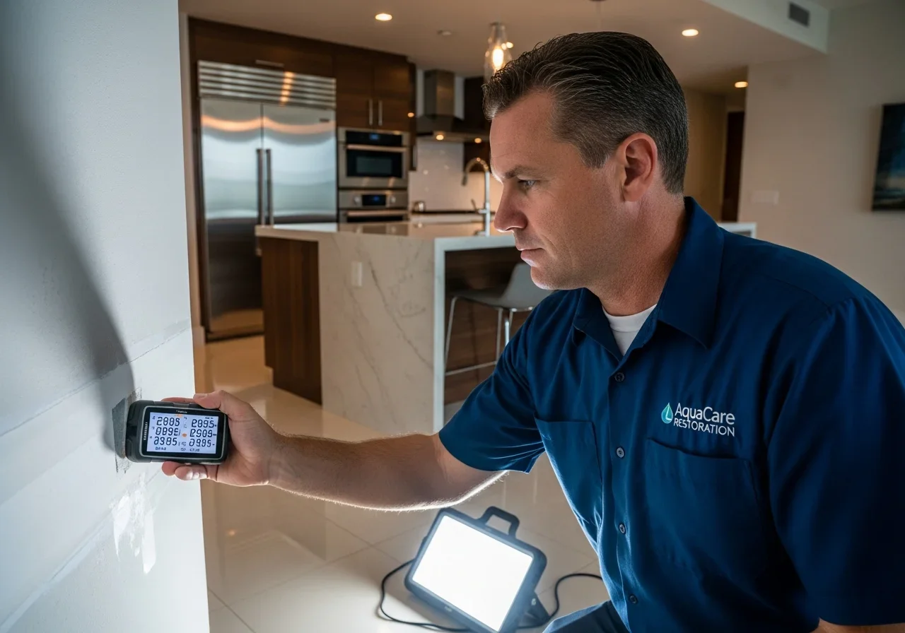 Palm Build technician using thermal imaging camera for moisture detection in an Aventura Florida luxury condo wall to map hidden water migration